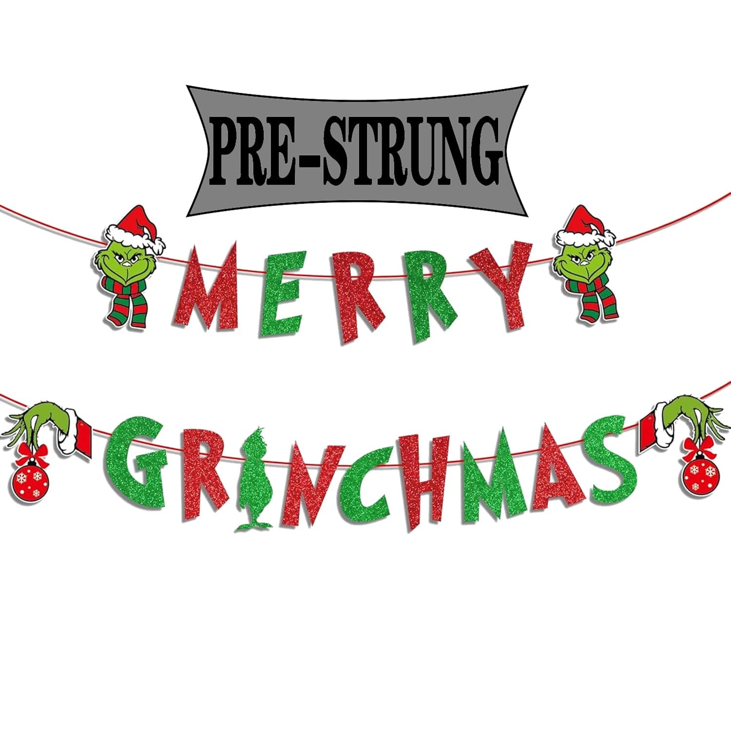 Pre-Strung Merry Grinchmas Banner Decorations For Christmas, Cute Red Green Glittery Grinchmas Banner Sign For Christmas Party Home Office Fireplace Mantel Photo Props Backdrop Decor