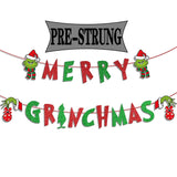 Pre-Strung Merry Grinchmas Banner Decorations For Christmas, Cute Red Green Glittery Grinchmas Banner Sign For Christmas Party Home Office Fireplace Mantel Photo Props Backdrop Decor