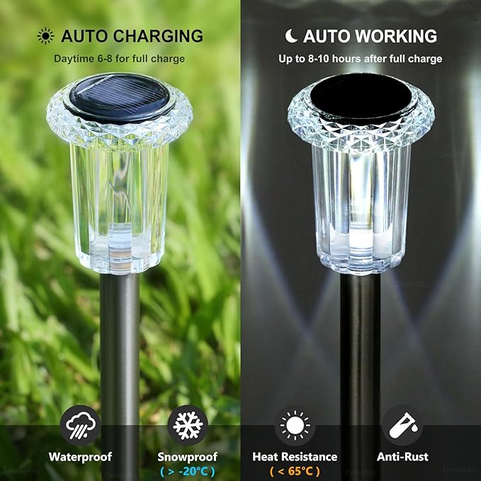 10 Pack Solar Outdoor Stake Lights Stainless Steel 6000K Cold White Waterproof