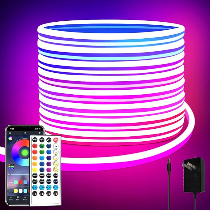 32.8FT RGB LED Neon Strip Lights App & Remote Control IP65 Waterproof Flexible Rope Lights