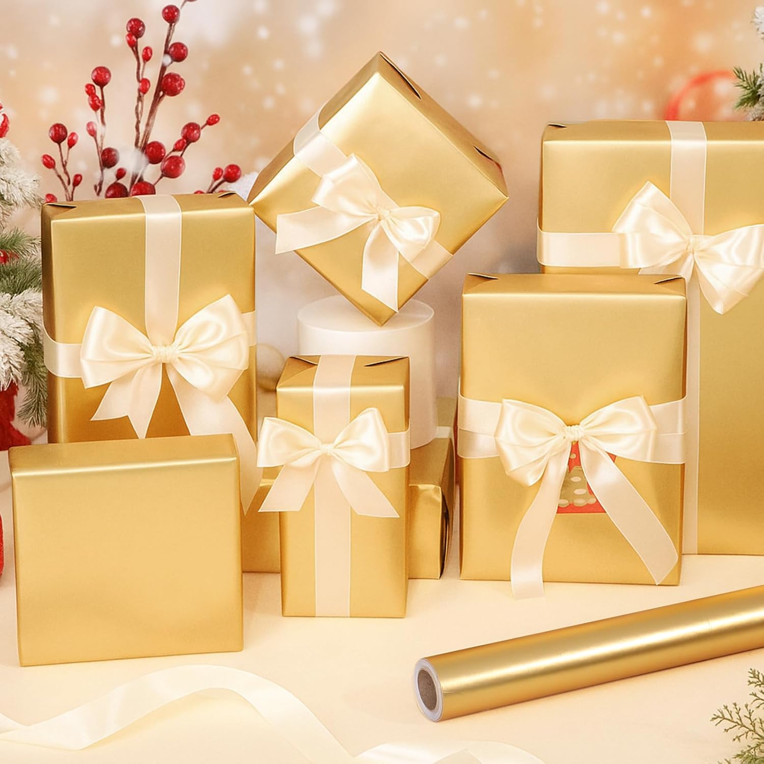 Gold Wrapping Paper Roll 17 In X 33 Ft Solid Matte Gold Metallic Wrapping Paper For Valentine'S Day Wedding Birthday Anniversaries Baby Shower Diy Bouquet