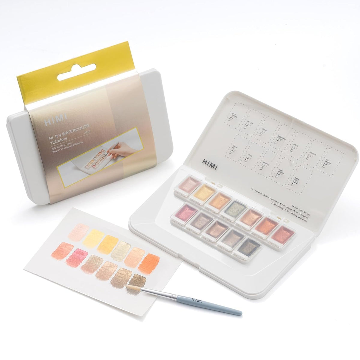 Metallic Watercolor Paint Set 12 Colors, Travel Water Colors With Paints Brushes, Crafts Painting Supplies, Shimmer Metallic Colourful Paints Sest, Drawing Gifts For Teens Adults Artists (Gold)