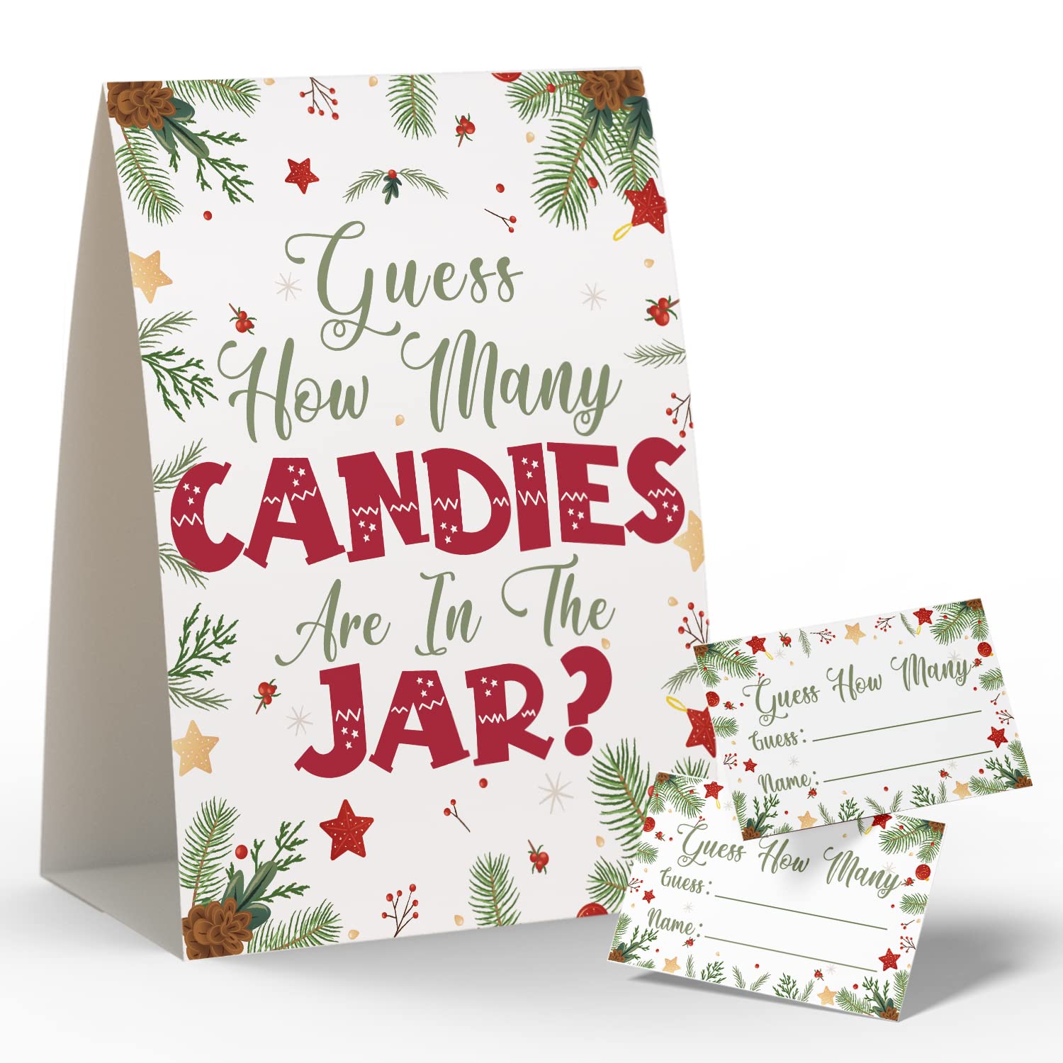 Christmas Party Games - How Many Candies Are In The Jar, 1 Standing Sign + 50 Cards, Christmas Party Ideas, How Many Kisses Game, Christmas Party Games For Kids / Cm009
