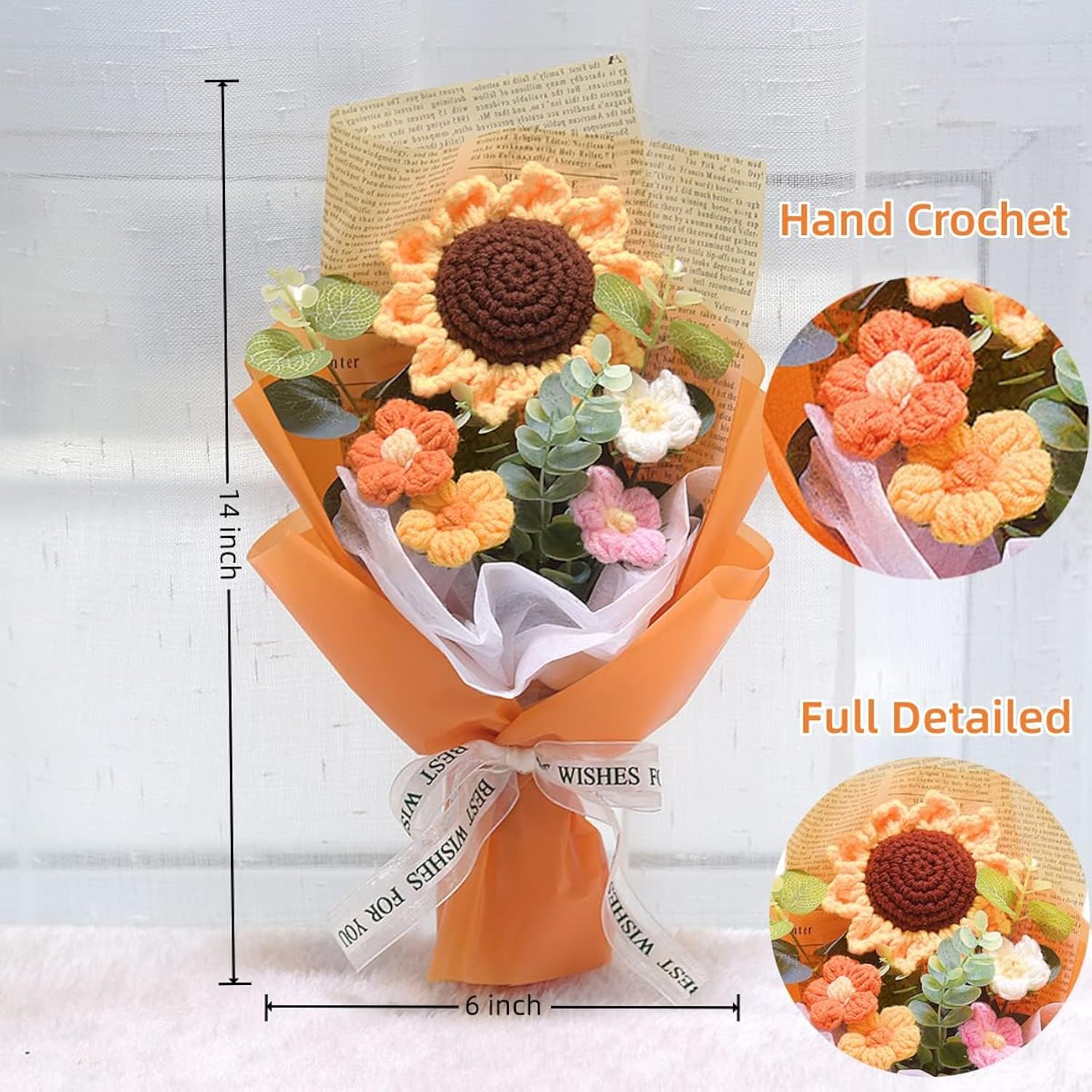 Crochet Flowers Bouquet,Sunflower Knitted Eternal Yarn Flowers, Handmade Artificial Flower Bouquet Home Decor Gift For Mother Father, Birthday Wedding Teacher’S Day Graduation Anniversay