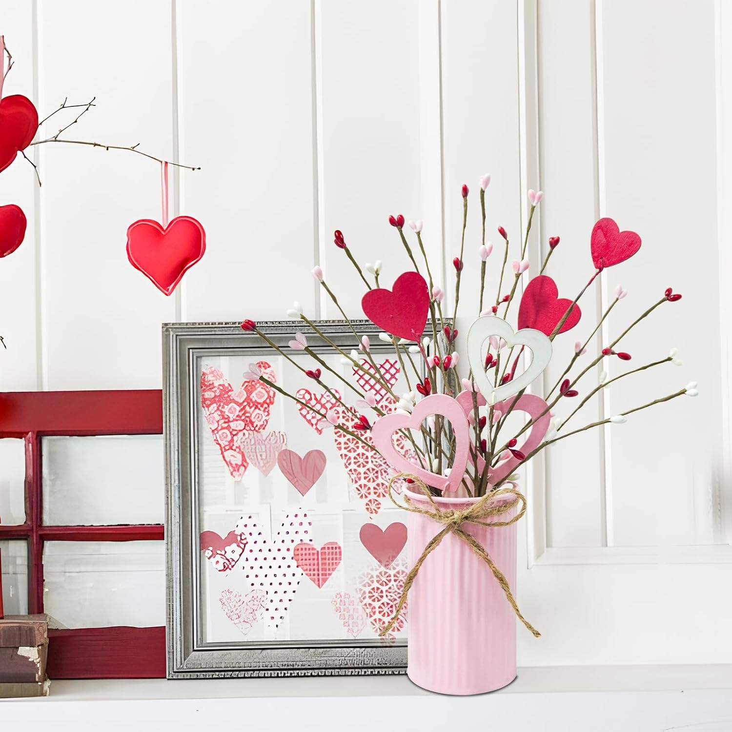 Valentines Day Decor Valentine Flowers Picks With Vase Valentines Day Artificial Berry Stems In Pink Metal Pot For Anniversary Wedding Table Centerpieces