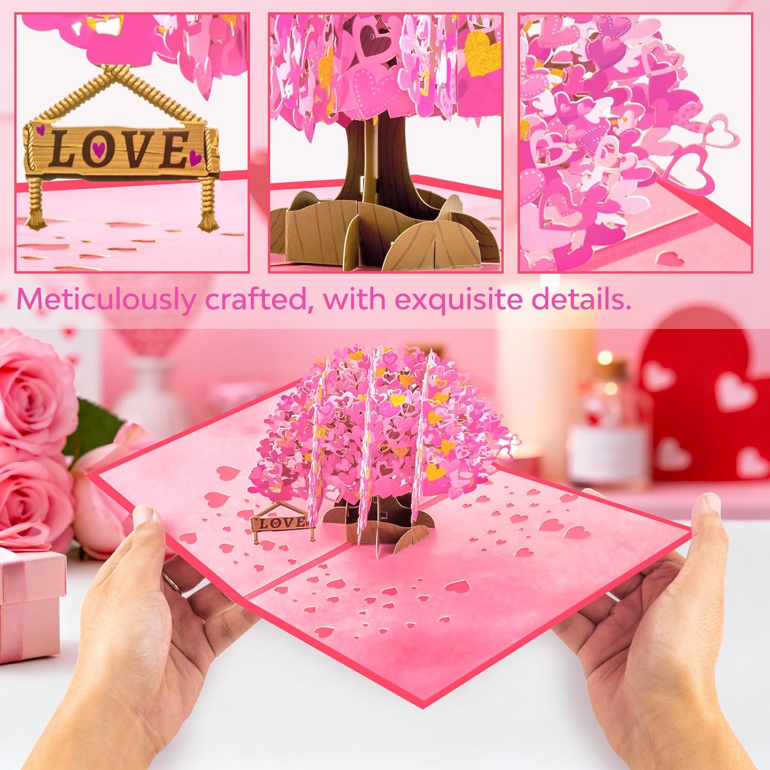 3D Pop Up Tree Of Love Card With Blank Note Card - Pink Hearts Tree Greeting Card With Envelope - Romantic Love Card For Valentine'S Day, Anniversary, Proposal, Wife, Husband, Girlfriend, Boyfriend