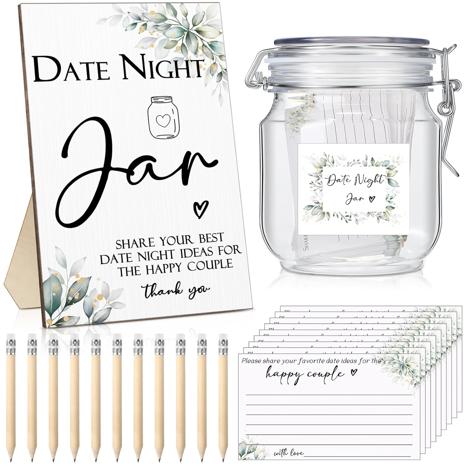 114 Pcs Bridal Shower Games Include Date Night Jar Wooden Sign 100 Cards 10 Hb Pencils 2 Stickers For Fresh Off The Market Wedding Reception Games Date Idea Party Favors Decoration(Greenery)