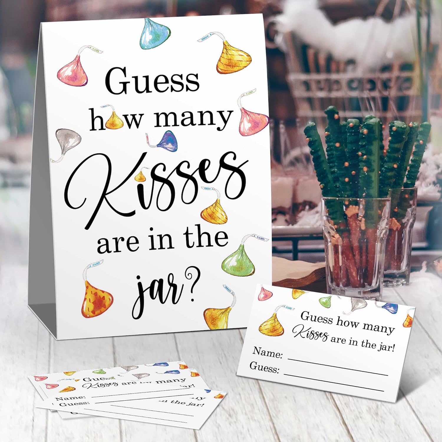 Guess How Many Kisses Baby Shower Game, Golden Baby Shower Decorations?Watercolor Chocolate, Bridal Shower, Birthday, Christmas, Thanksgiving?Graduation Season Funny Party Game(1 Sign+50 Cards)