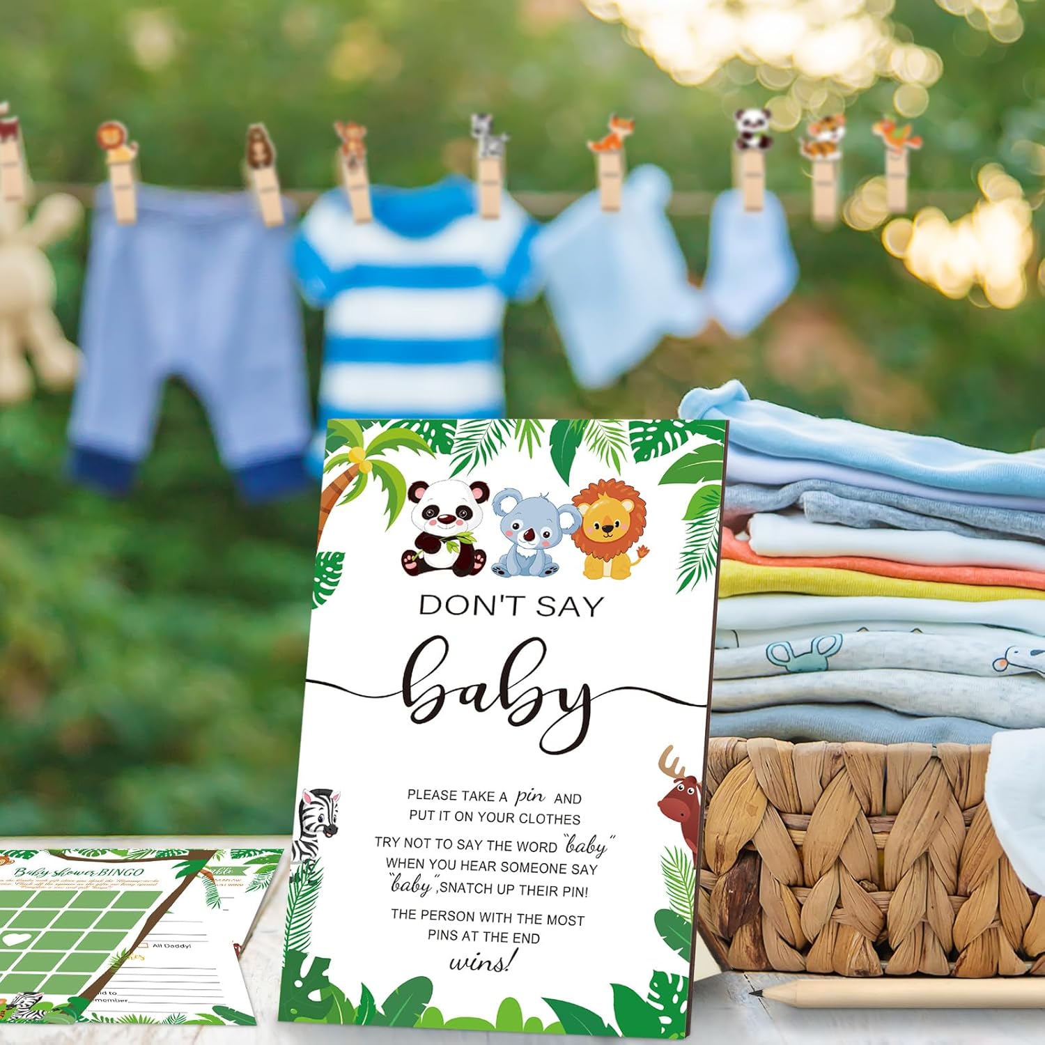 321 Pcs Safari Baby Shower Party Supplies, Jungle Themed Shower, 5 Sets (50 Cards Each) Activities Cards With 20 Pencils 1 Don'T Say Baby Sign 50 Clothespin