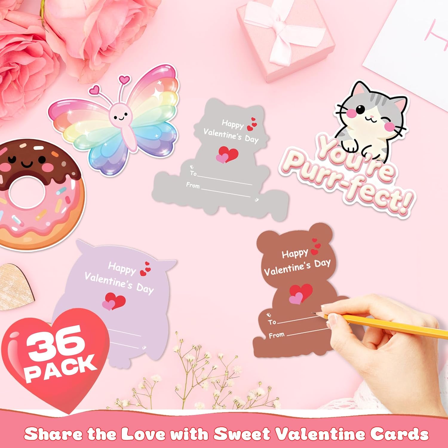 36 Pack Valentines Day Cards For Kids School – Adorable Die-Cut Animal & Food Classroom Valentines With Pink Envelopes & Stickers, 9 Cute Designs For Boys, Girls & Teachers