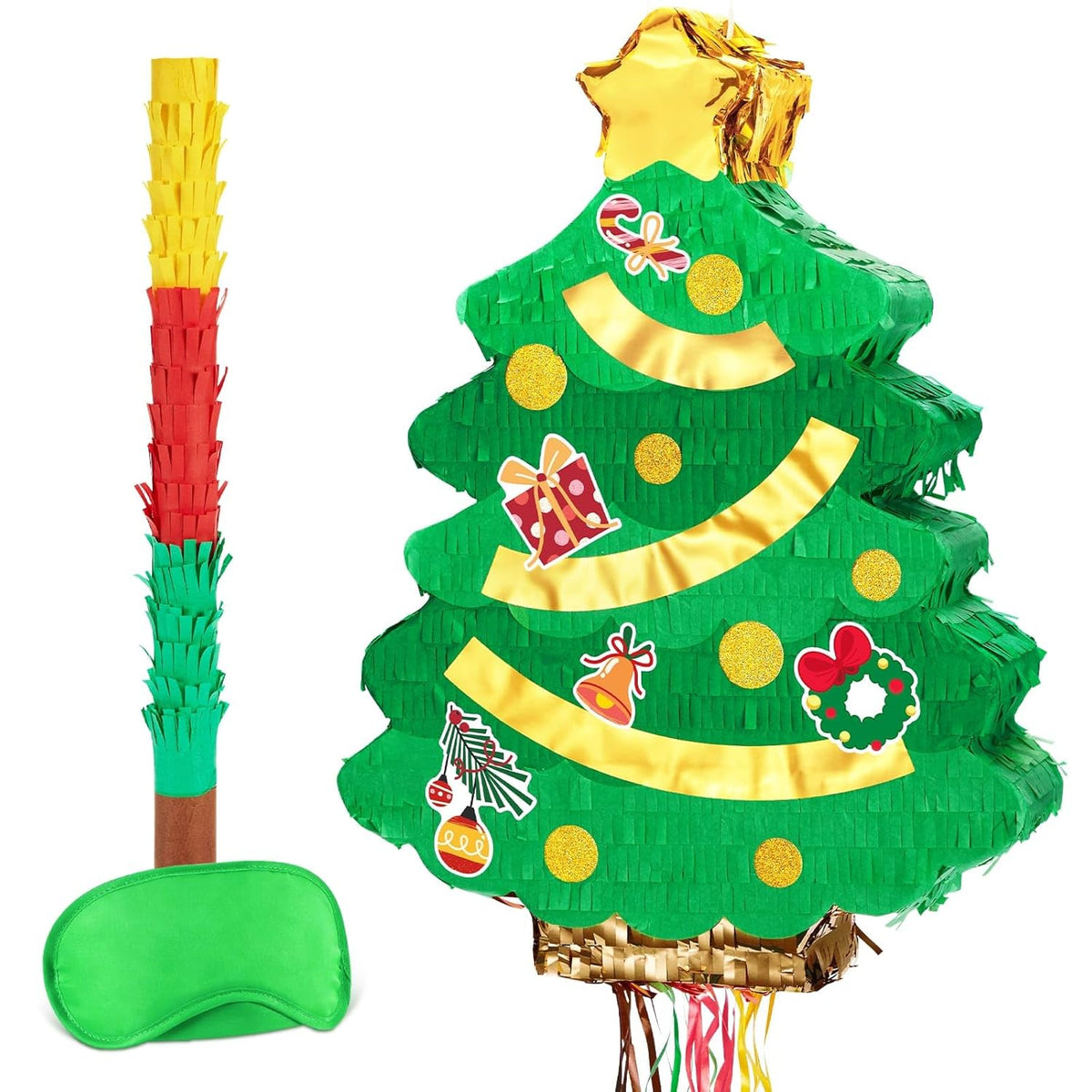 Christmas Tree Pinata - Christmas Decorations Xmastree Party Game For Kids Festival Party Decor Supply Green Tree Design Merry Xmas Favor Pull String With Blindfold Bat 16.5” X 12.4”