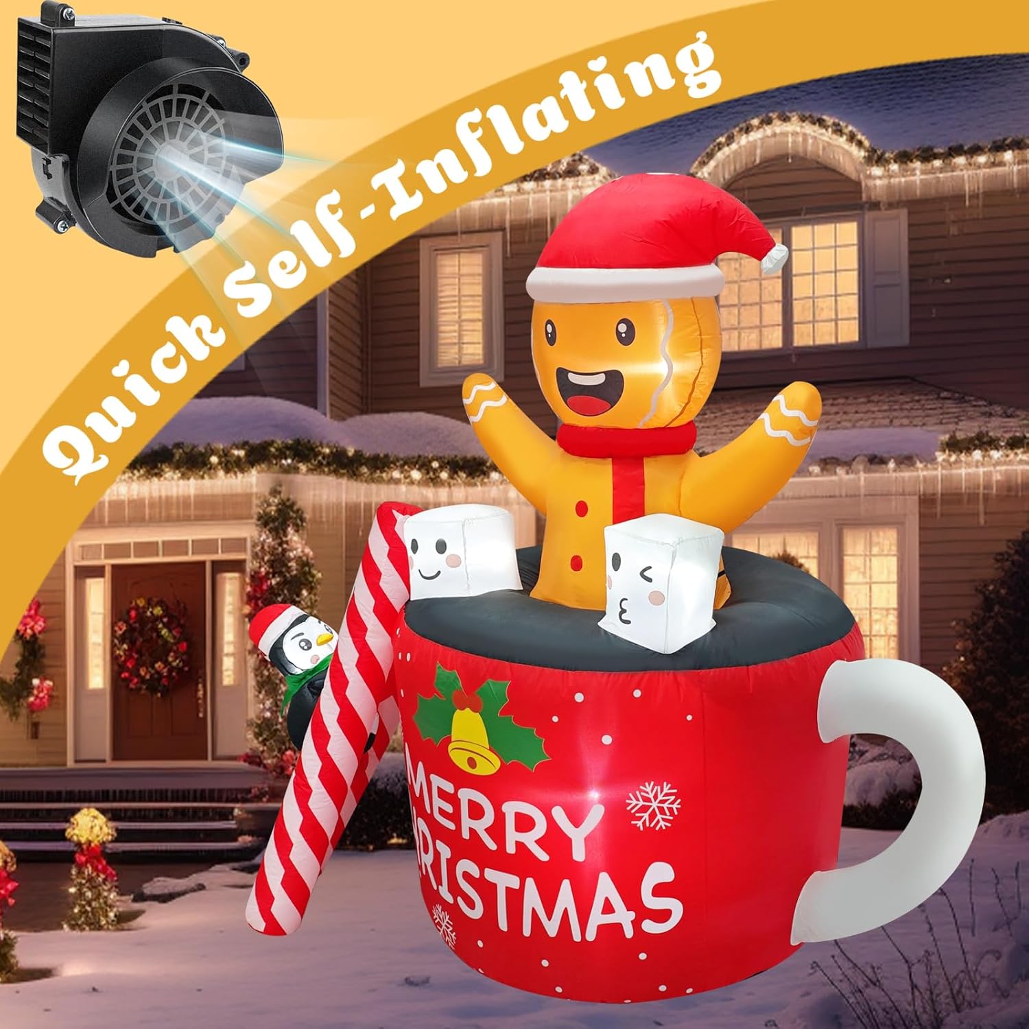 6Ft Christmas Inflatables Outdoor Decorations, Navidad Blow Up Gingerbread Swiming In Hot Cocoa Mug Scene With Penguin B