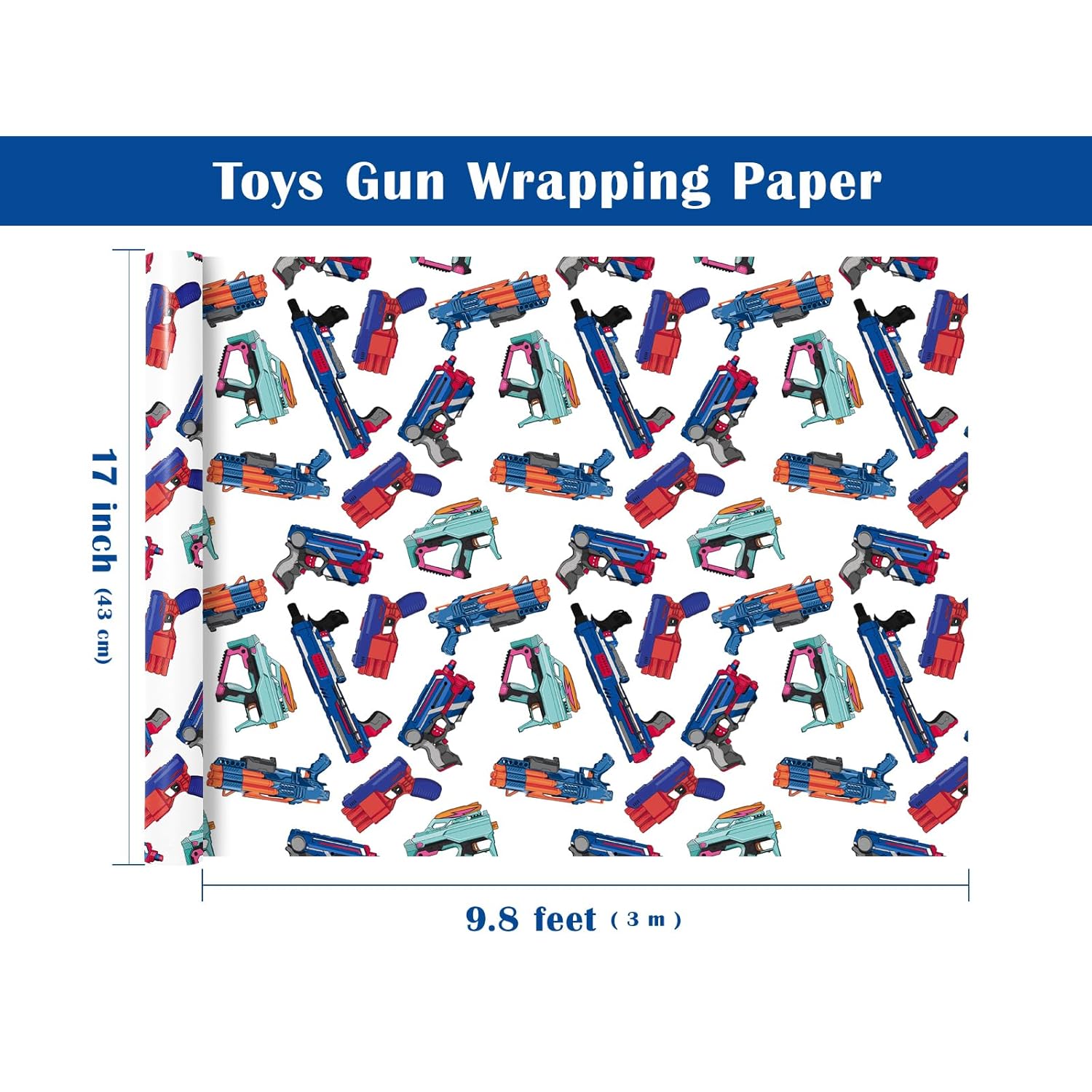 Gun Wrapping Paper Roll - Mini Roll - 17 Inch X 9.8 Feet - Cartoon Gun Toys Wrapping Paper, Perfect For Boys Birthday, Baby Shower, Game Lover