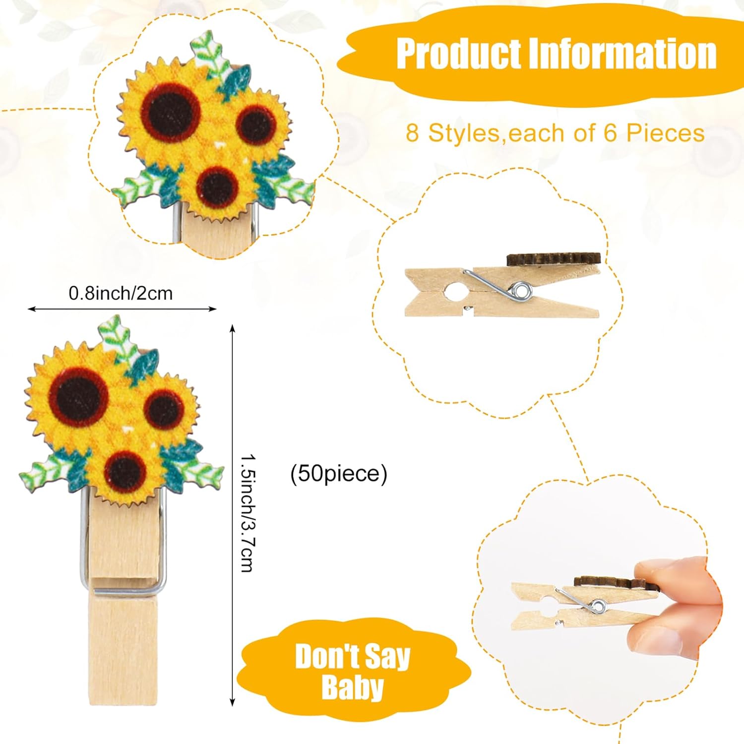51Pcs Don'T Say Baby Shower Game Favor Yellow Bee Sunflower Wooden Sign With 50 Cute Clothespin For Summer Gender Reveal Party Supplies