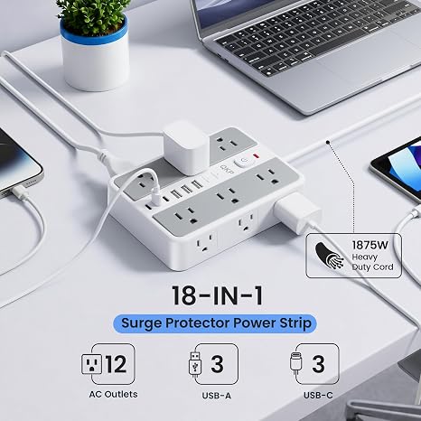 Surge Protector Power Strip 12 Outlets 6 USB Ports 3 USB C 2400J 6FT Flat Plug Extension Cord