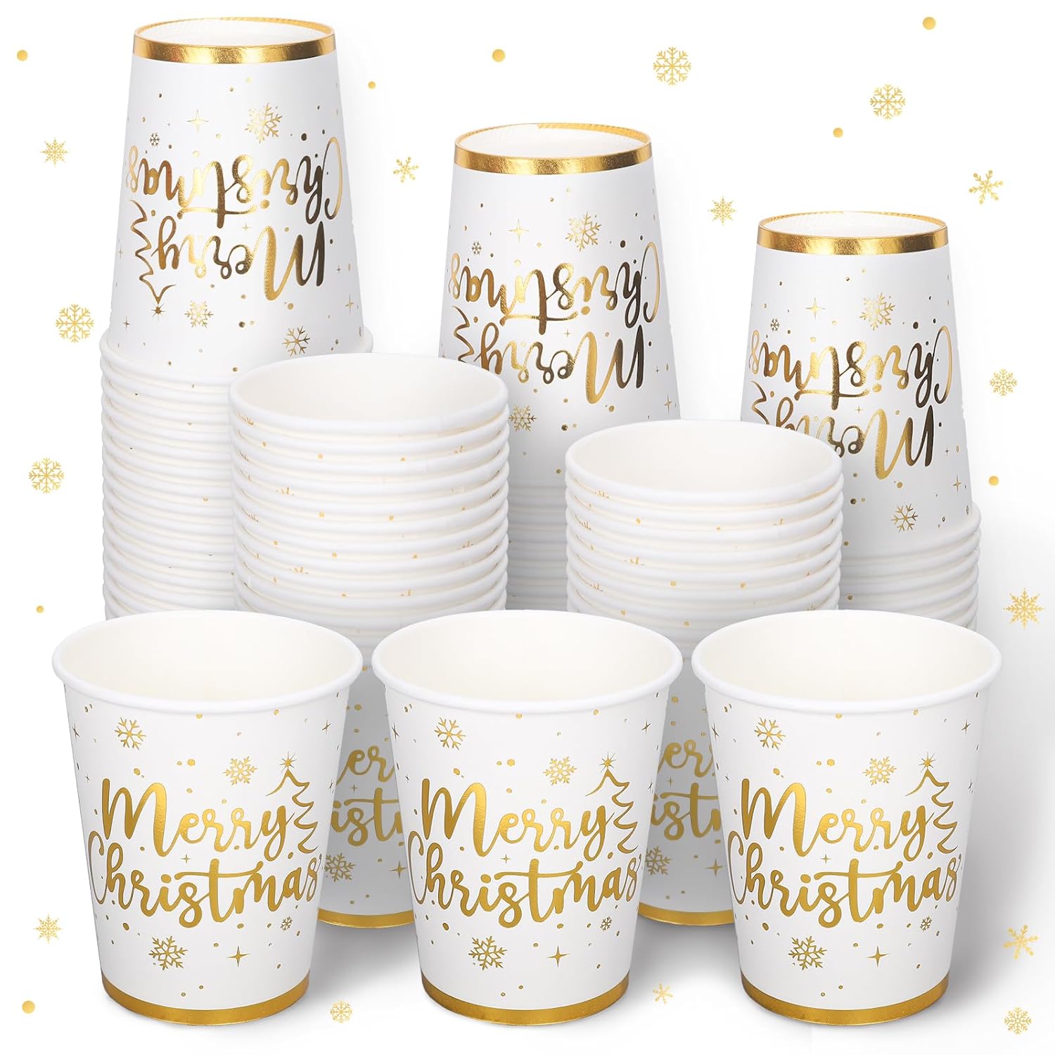 50Pcs Gold Foil Christmas Paper Cups 9 Oz Disposable Coffee Cups Xmas Holiday Party Cups For Hot Cold Beverage Party Supplies