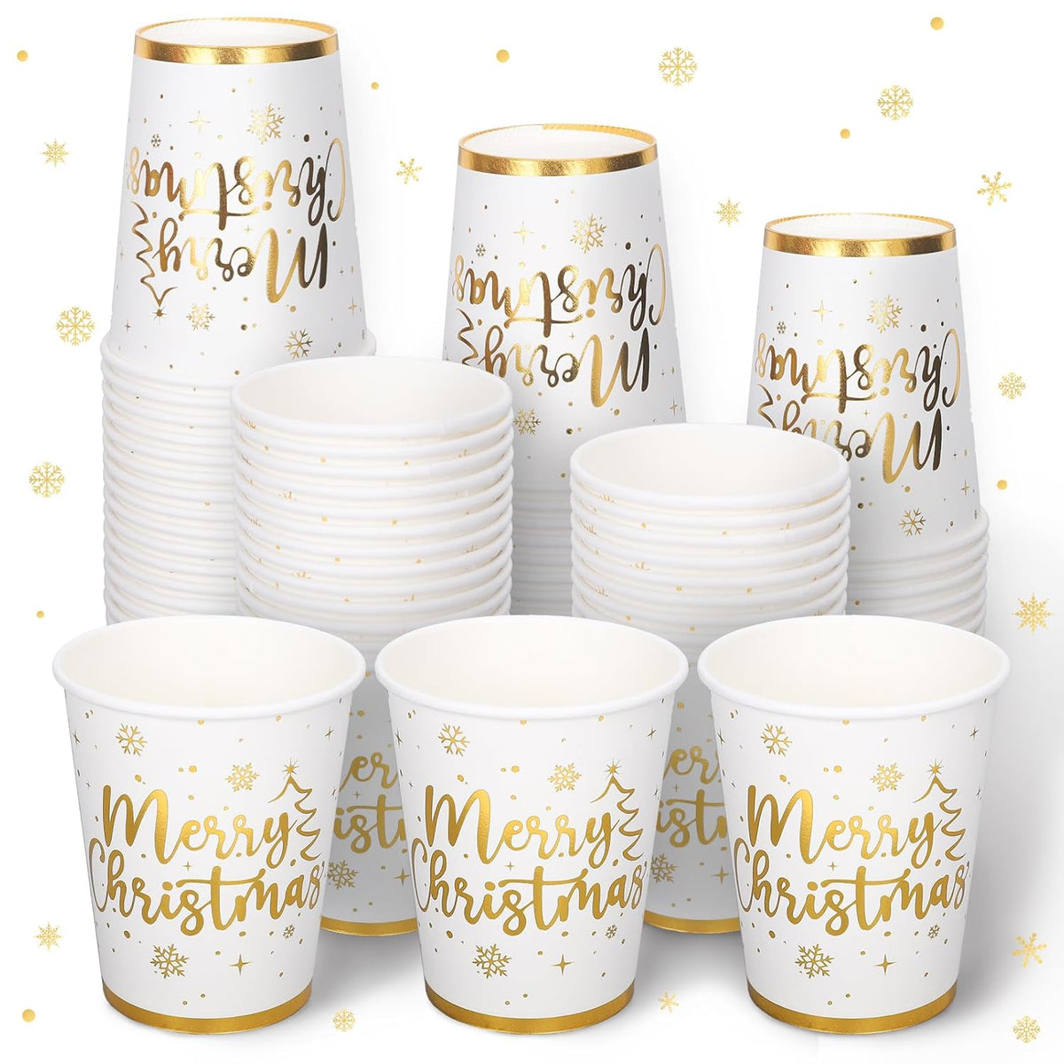 50Pcs Gold Foil Christmas Paper Cups 9 Oz Disposable Coffee Cups Xmas Holiday Party Cups For Hot Cold Beverage Party Supplies