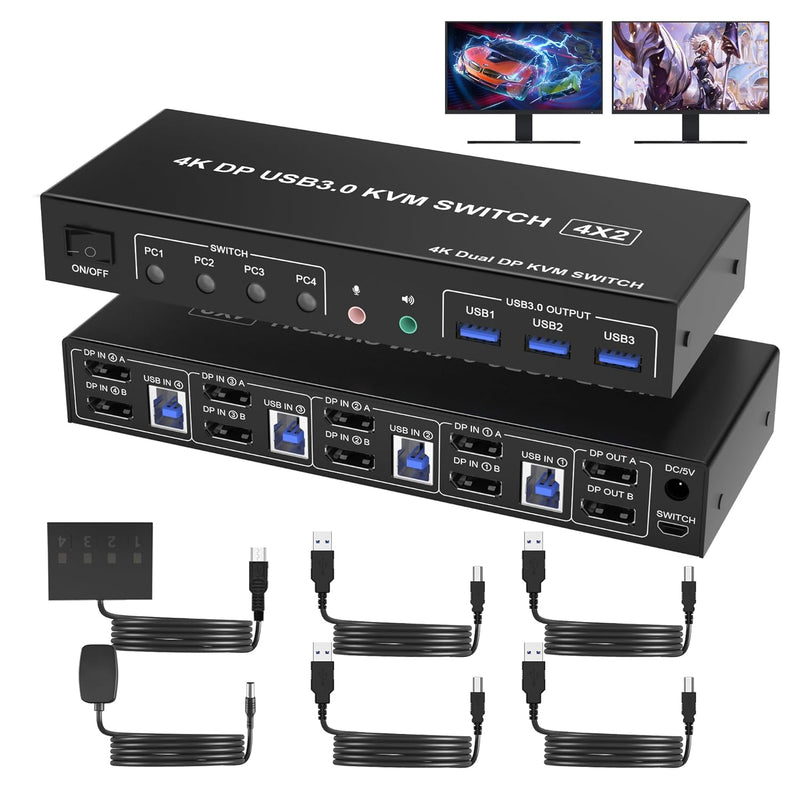 Usb 3.0 Kvm Switch 2 Monitors 4 Computers Displayport 4K 60Hz, Dual Monitor Di