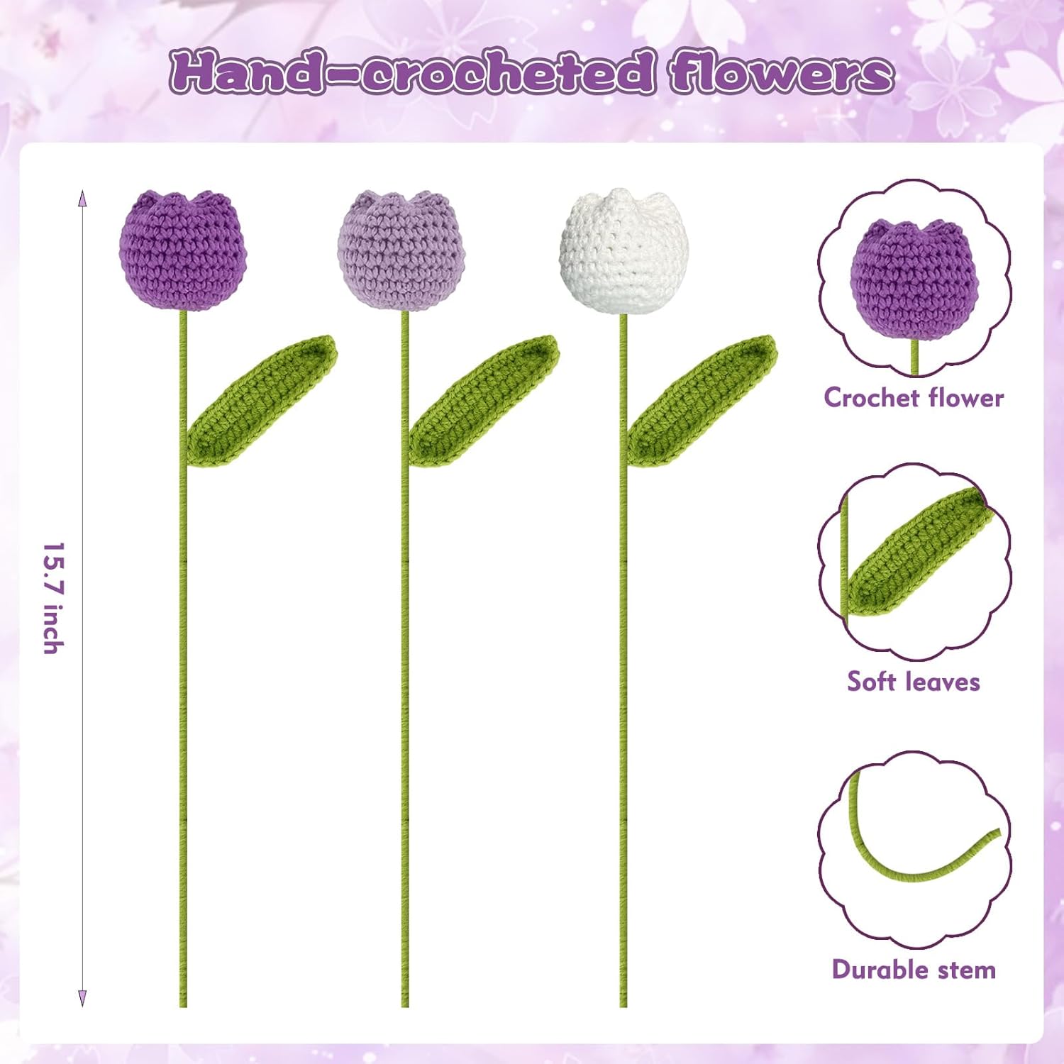 Crochet Flowers, 6Pcs Bring Individual Wrapping Paper Crochet Flower Bouquet Purple Tulips Artificial Flowers Decor Hand Woven Flowers Knitted Flower Bouquet With Packaging
