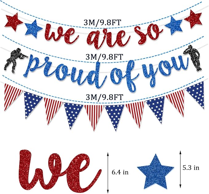Military Going Away Party Decorations For Red Blue Glitter We Are So Proud Of You Banner American Flag Patriotic Soldier For 4Th Of July Veterans Day Memorial Day Themed Welcome Home