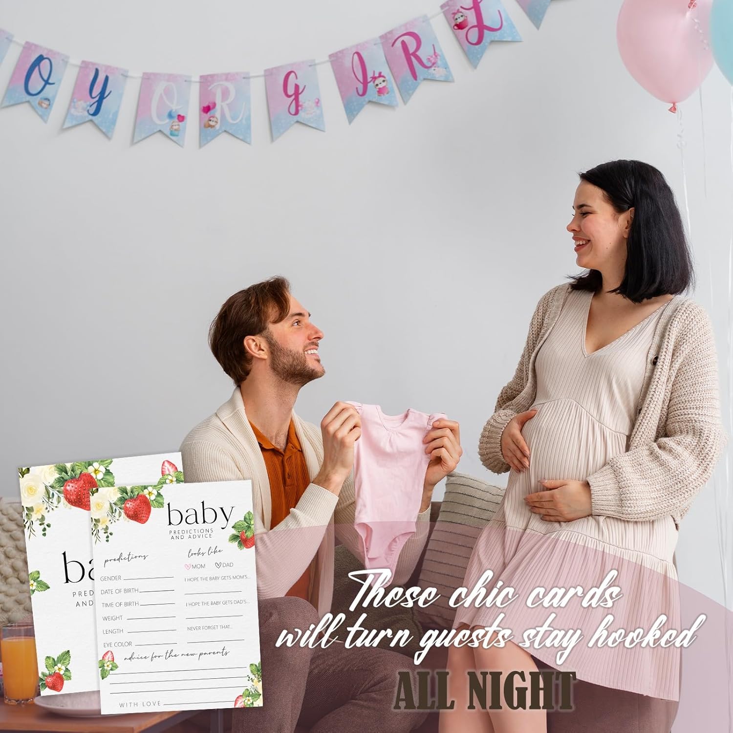 Hilarious Gender Reveal Games, Predictions And Advice Game Cards, Strawberry Sweet Party Decorations Favors Ideas -30 Pcs, 5X7 In - H05