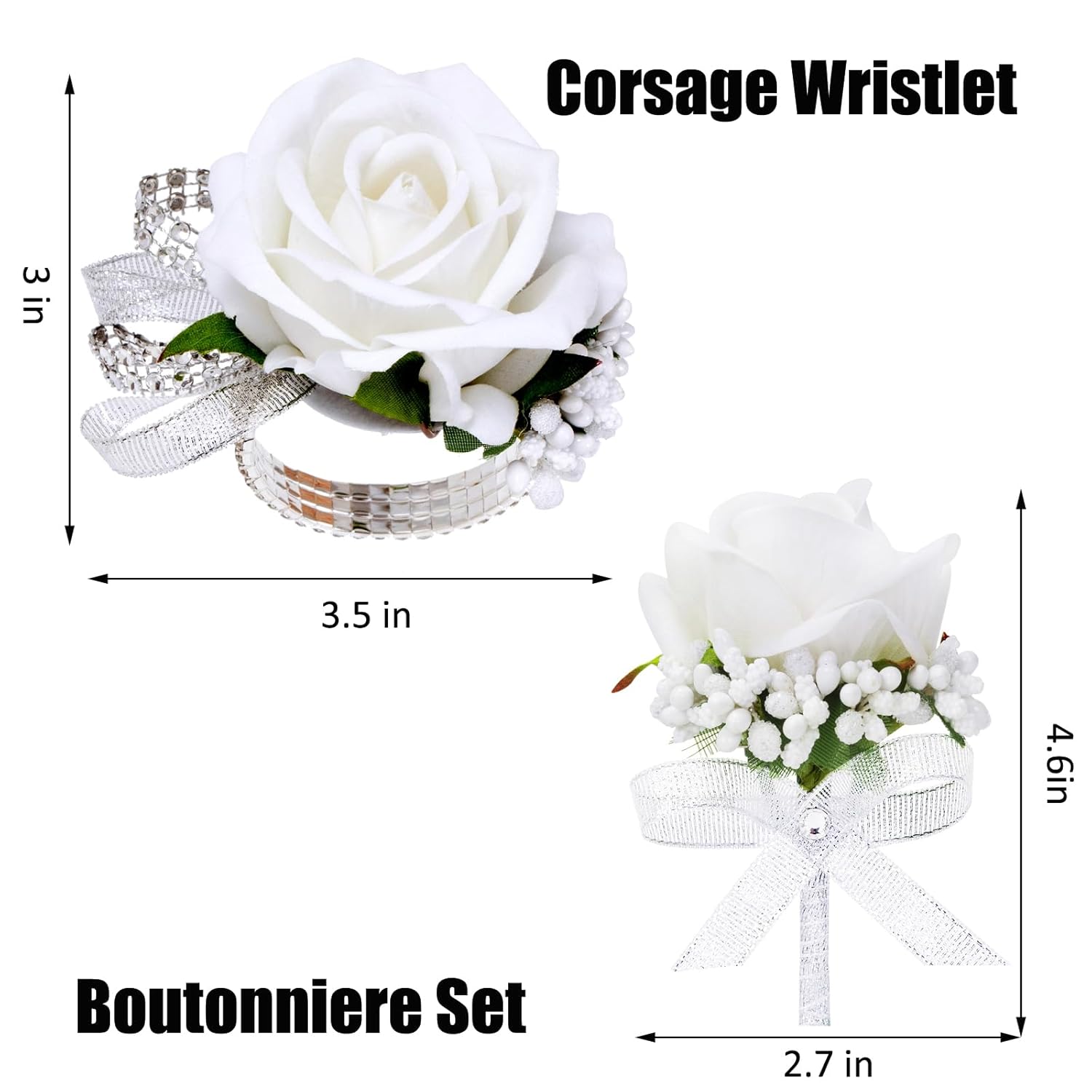 2Pcs White Rose Corsage And Boutonniere Set, Corsage Wristlet Band For Prom Decorations, Artificial Boutonniere For Men Wedding Party Suit Flower Accessories