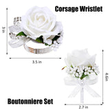 2Pcs White Rose Corsage And Boutonniere Set, Corsage Wristlet Band For Prom Decorations, Artificial Boutonniere For Men Wedding Party Suit Flower Accessories