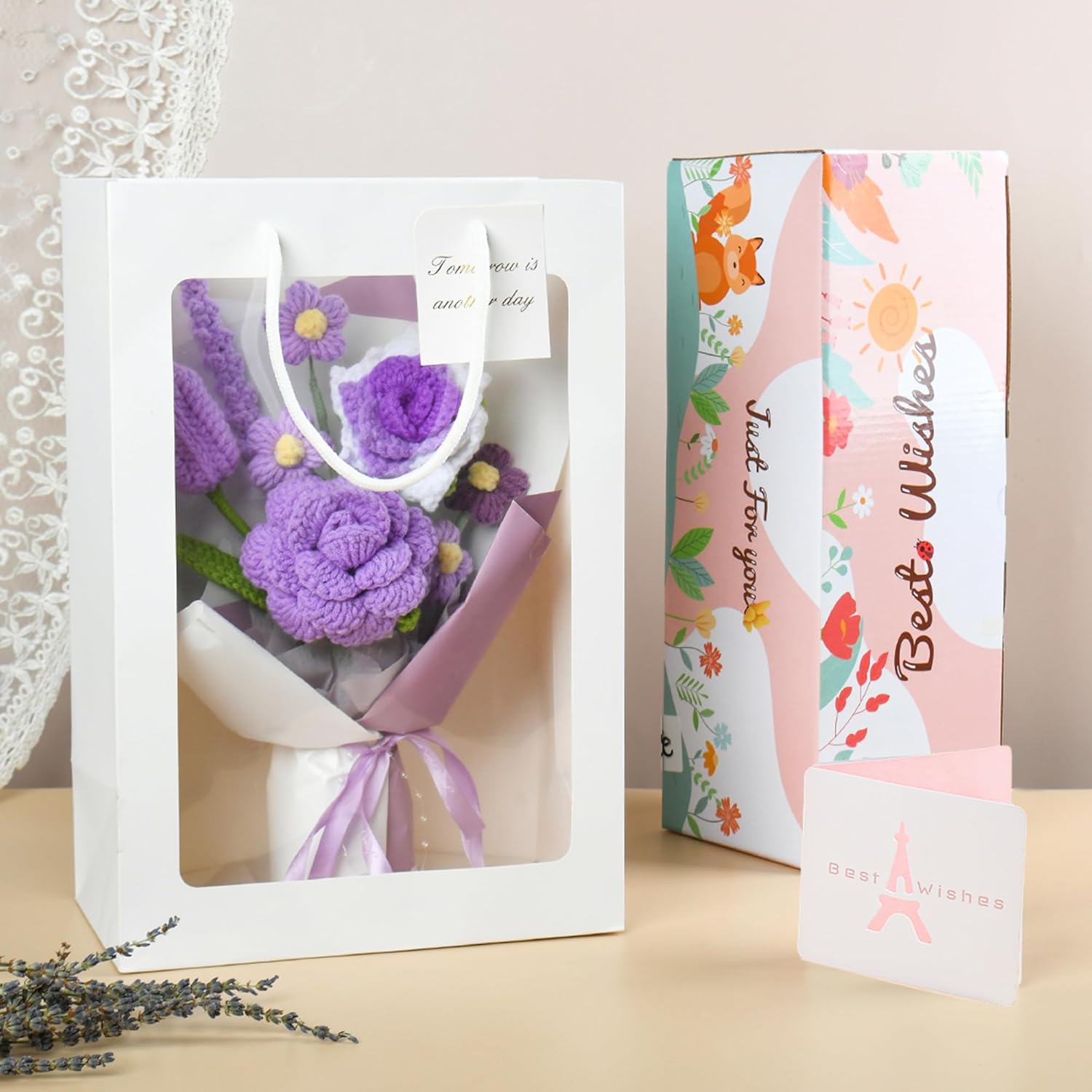 Purple Crochet Flower Bouquet, Handmade Crochet Flowers, Knitted Flowers Gift For Her, Gift For Women With Gift Box, Bag And Card