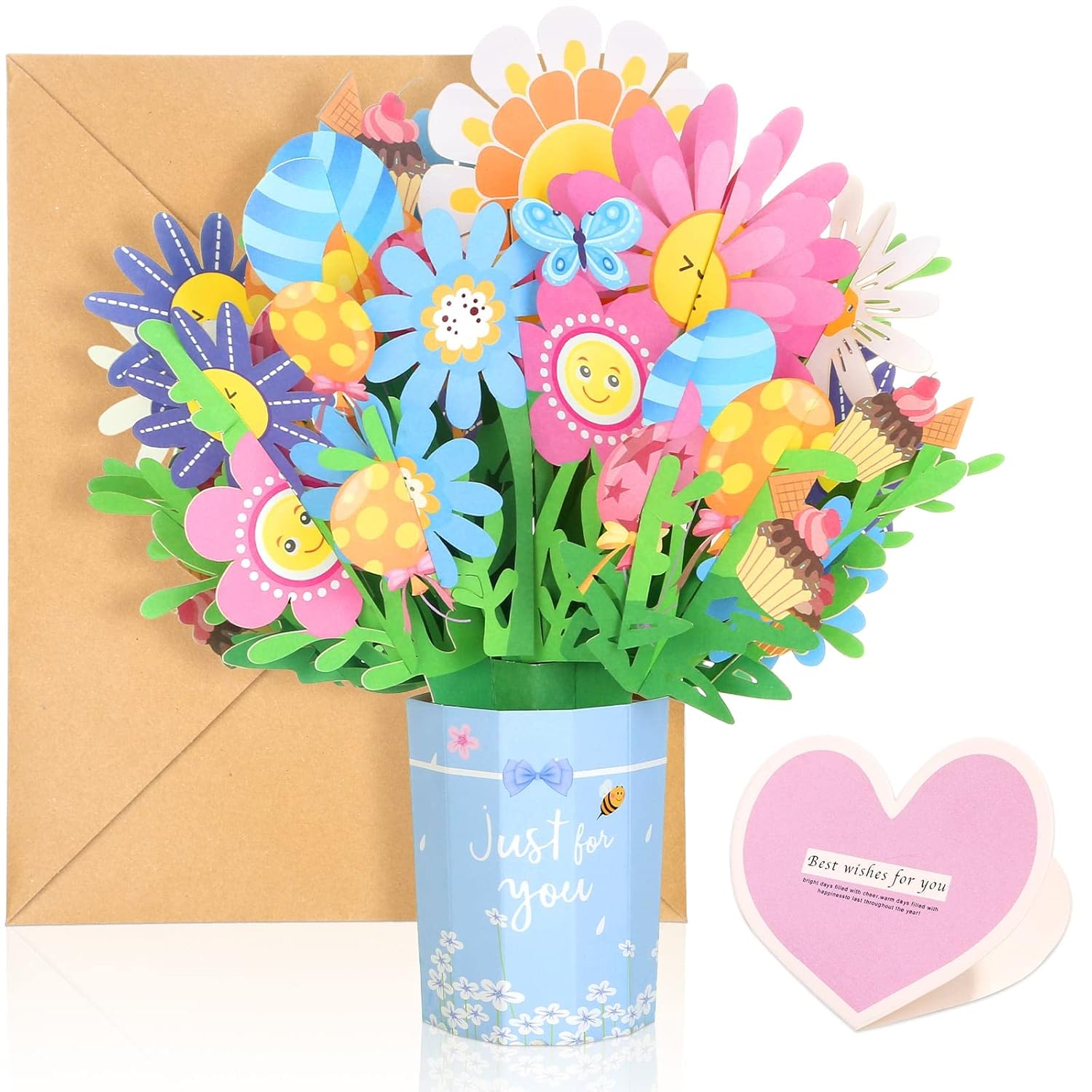 Mother'S Day Bouquet Pop Up Cards From Daughter And Son, 3D Flower Card Kids First Mothers Day Greeting Card Mom Birthday Card Women All Occasion Card Envelope And Blank Note Tag