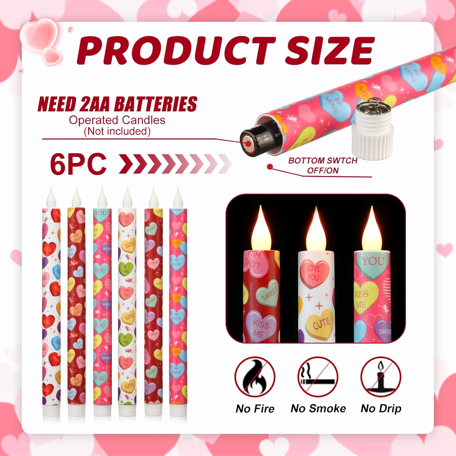6 Pcs Valentine Day Flameless Taper Candles Battery Operated With Remote 10.6 Inch Romantic Conversation Heart Shaped Candles For Night Valentines Gifts Anniversary Festival Gift Decor