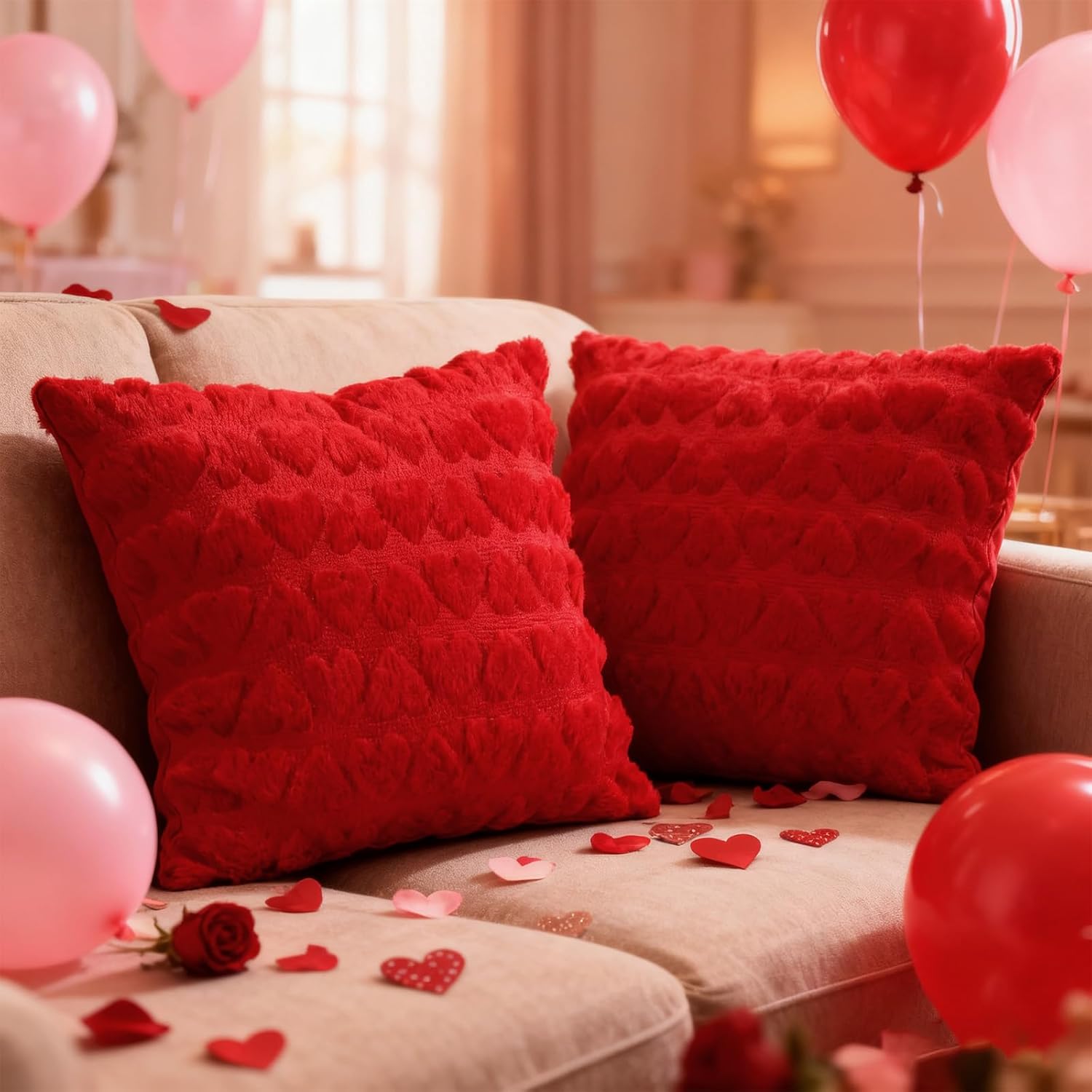 Valentines Pillow Covers Set Of 2 18X18 Inch Red Heart Love Decorative Throw Pillows Soft Plush Fabric Hidden Zipper For Valentines Day Bedroom Sofa Holiday Home Decor