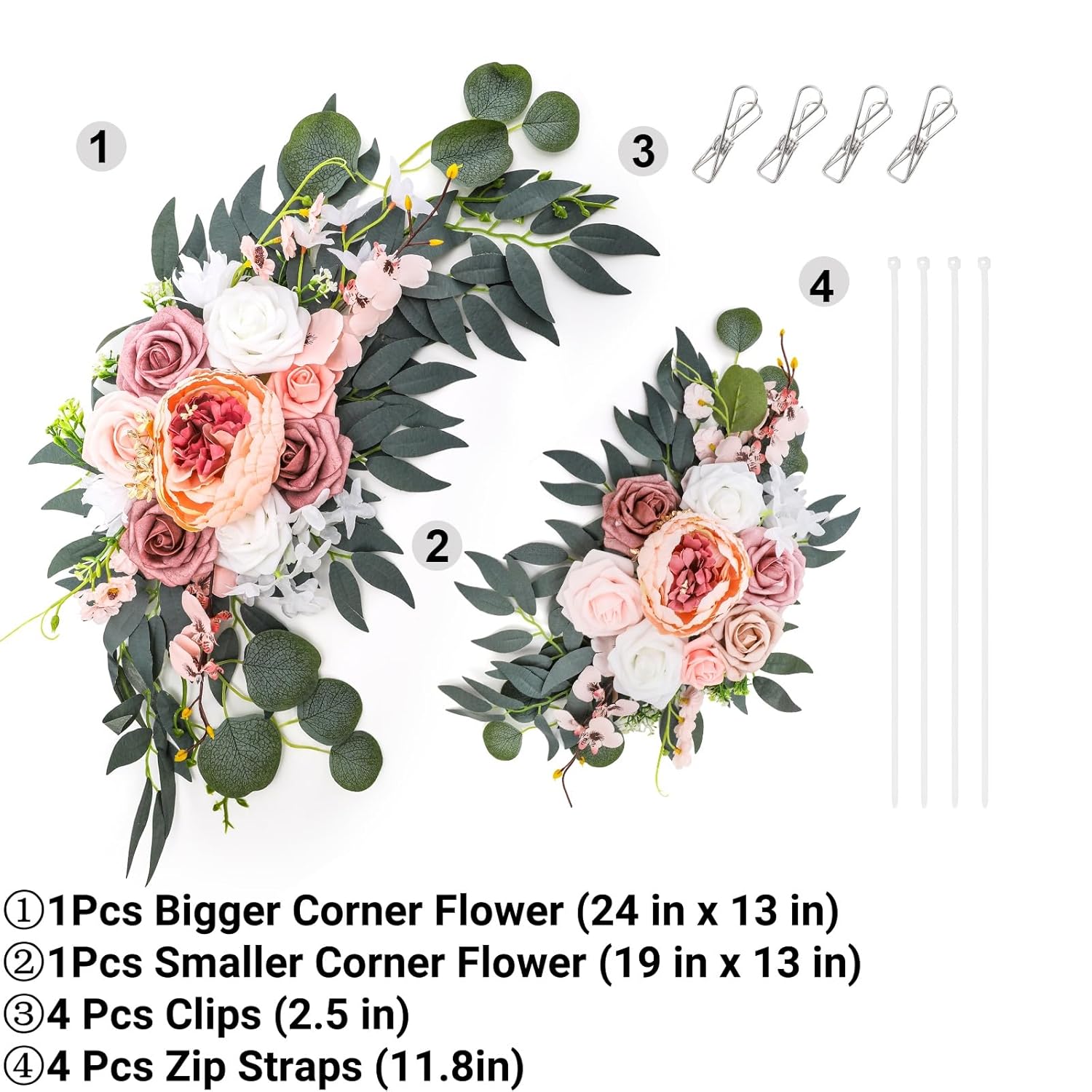 2 Pack Wedding Arch Flowers, Artificial Corner Floral Swag, Wedding Arrangements Decor For Diy Ceremony Reception, Sweetheart Table Chair Backdrop, Welcome Sign Banquet Party(Pink-White)