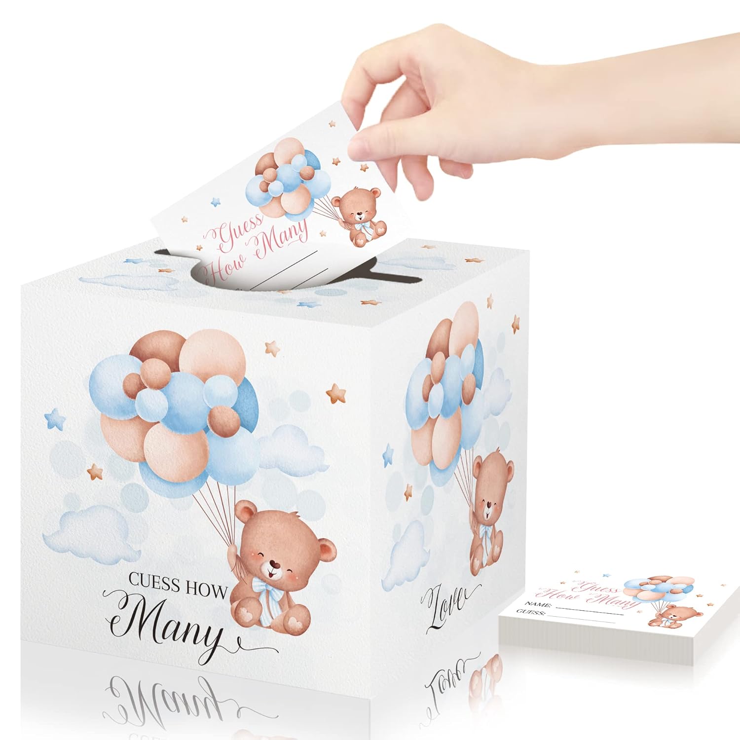 Blue Balloons Bear Baby Shower Game Cards With Box, Guess How Many, Baby Shower Game With Box And 50 Guessing Cards, Baby Shower Decorations For Boy And Girl