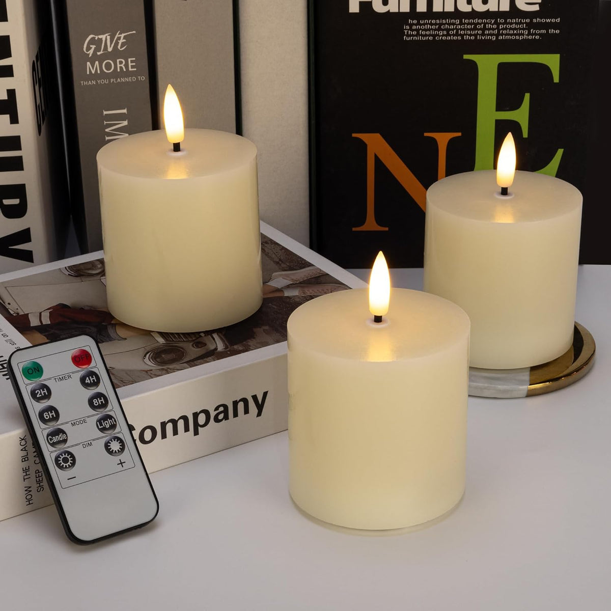 Ivory Flameless Candles Set Of 3, 3X3 Real Wax Battery Operated Candles With Remote And Timer, Led Pillar Candles Elegant Flickering Light For Wedding Table Centerpiece, Valentine Home Or Gift