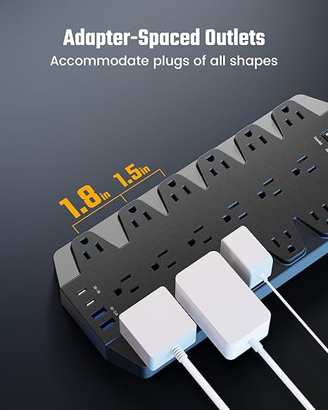 Surge Protector Power Strip 18 Outlets 4 USB Ports 2100J 15FT Flat Plug Extension Cord Black