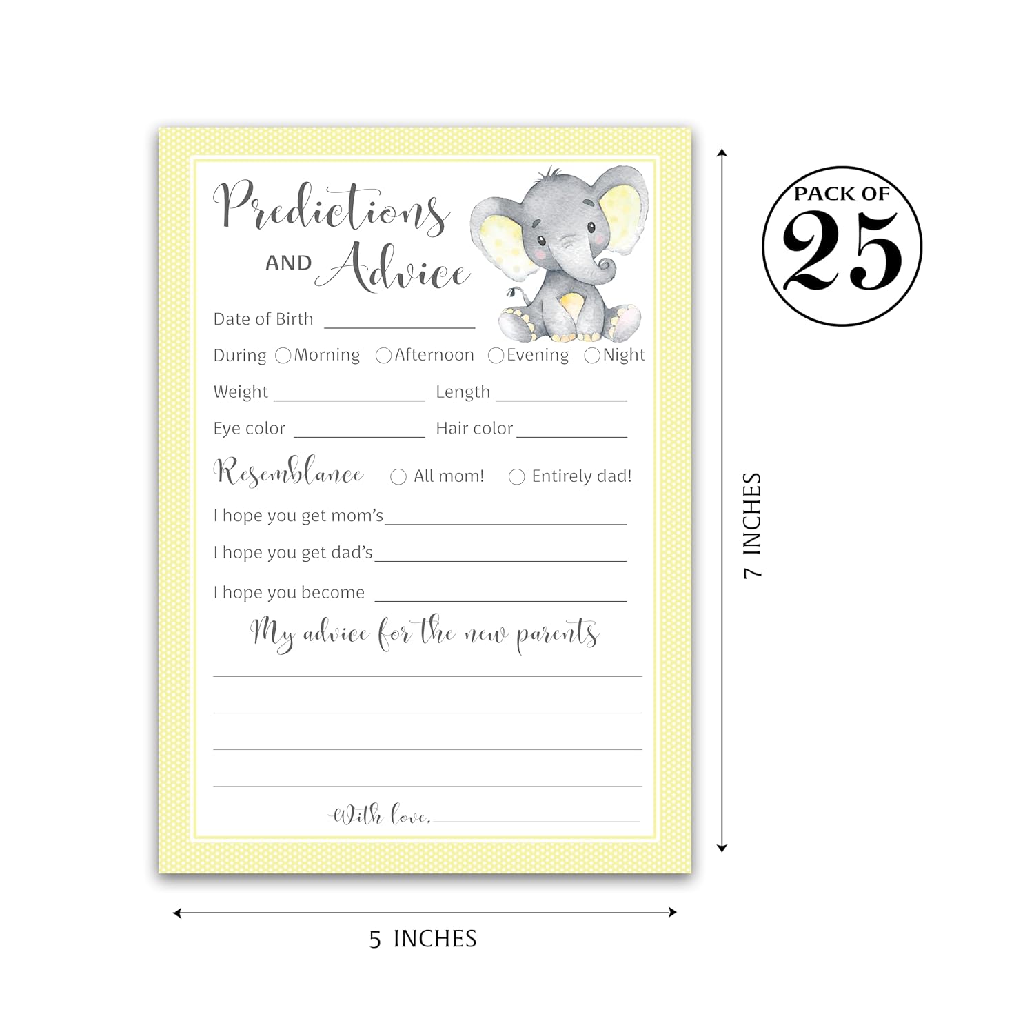 Yellow Elephant Prediction And Advice Cards - Pack Of 25 - Girl Boy Baby Shower Games, New Parents, Mom & Dad To Be, Mommy & Daddy Message, Couples Coed Shower Activity Keepsake Book Yellow G521-Pdav