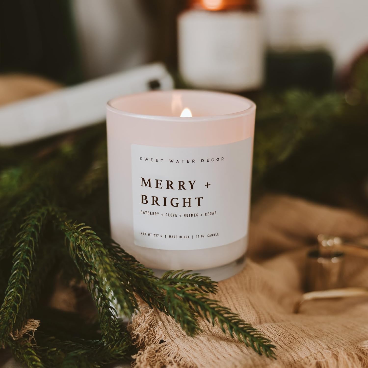 Merry And Bright Soy Christmas Candle - Bayberry, Clove, Nutmeg, And Cedar Scented Holiday Candles For Home - 11Oz White Jar + Wood Lid, 50+ Hour Burn Time, Made In The Usa