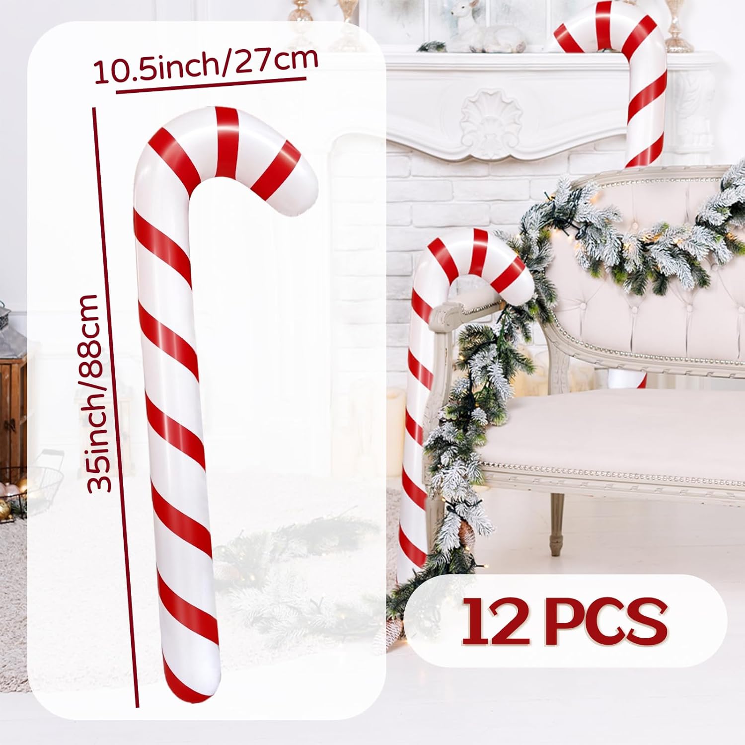 12Pcs Inflatable Candy Canes For Christmas Decorations,35 Inch Candy Sticks Balloon,Large Candy Canes Balloons For Xmas