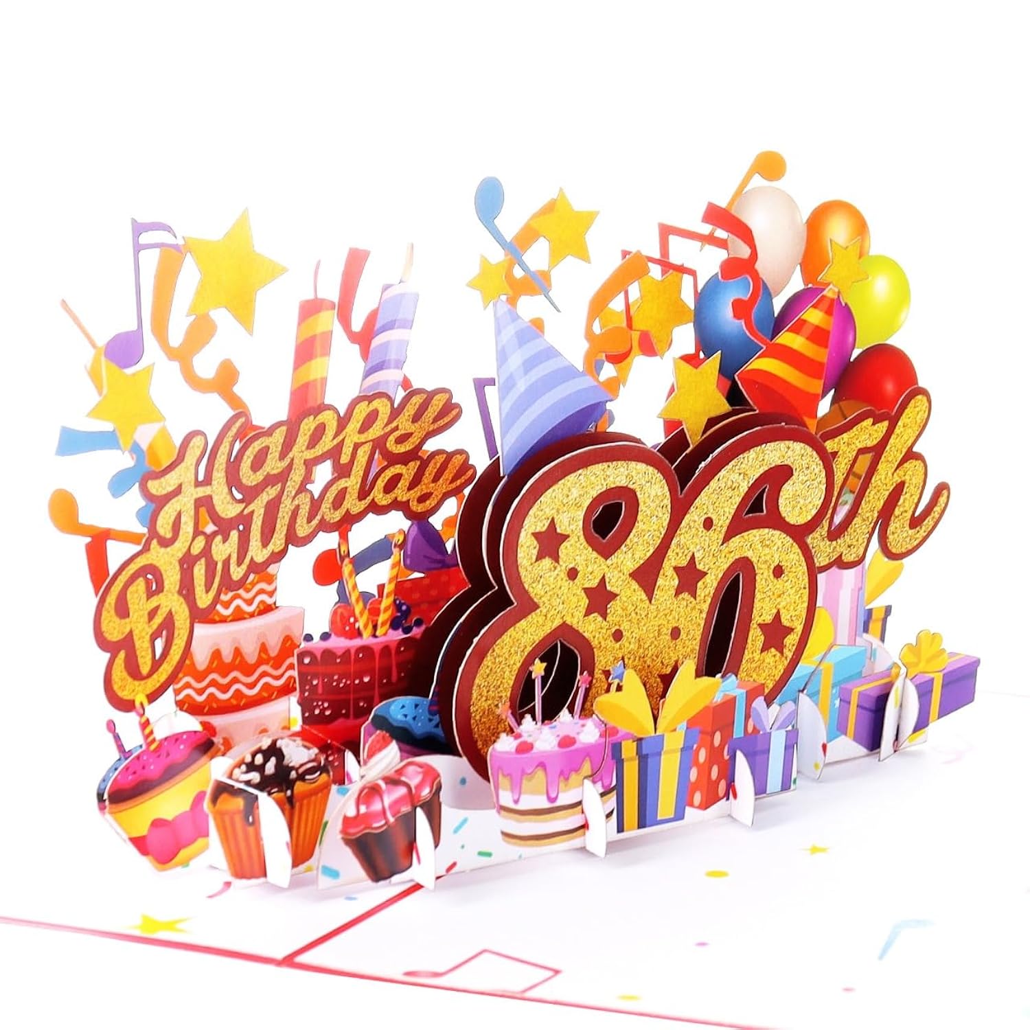 3D Pop Up Happy 86Th Birthday Card – Red Design With Glitter Numbers, Balloons, Cakes & Gifts – Unique Bday Card For Dad, Mom, Husband, Wife, Man Or Woman – 5" X 7"