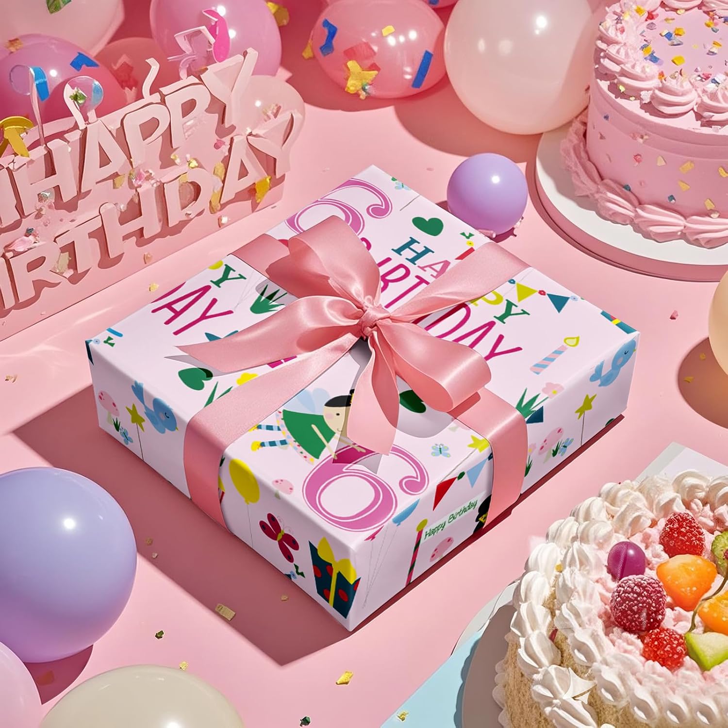 Happy 6Th Birthday Wrapping Paper Roll For Girls, Mini Roll, Pink Happy Birthday Girl Pattern Design For Party And More, 17 Inches X 16.4 Feet, 6 Years Old