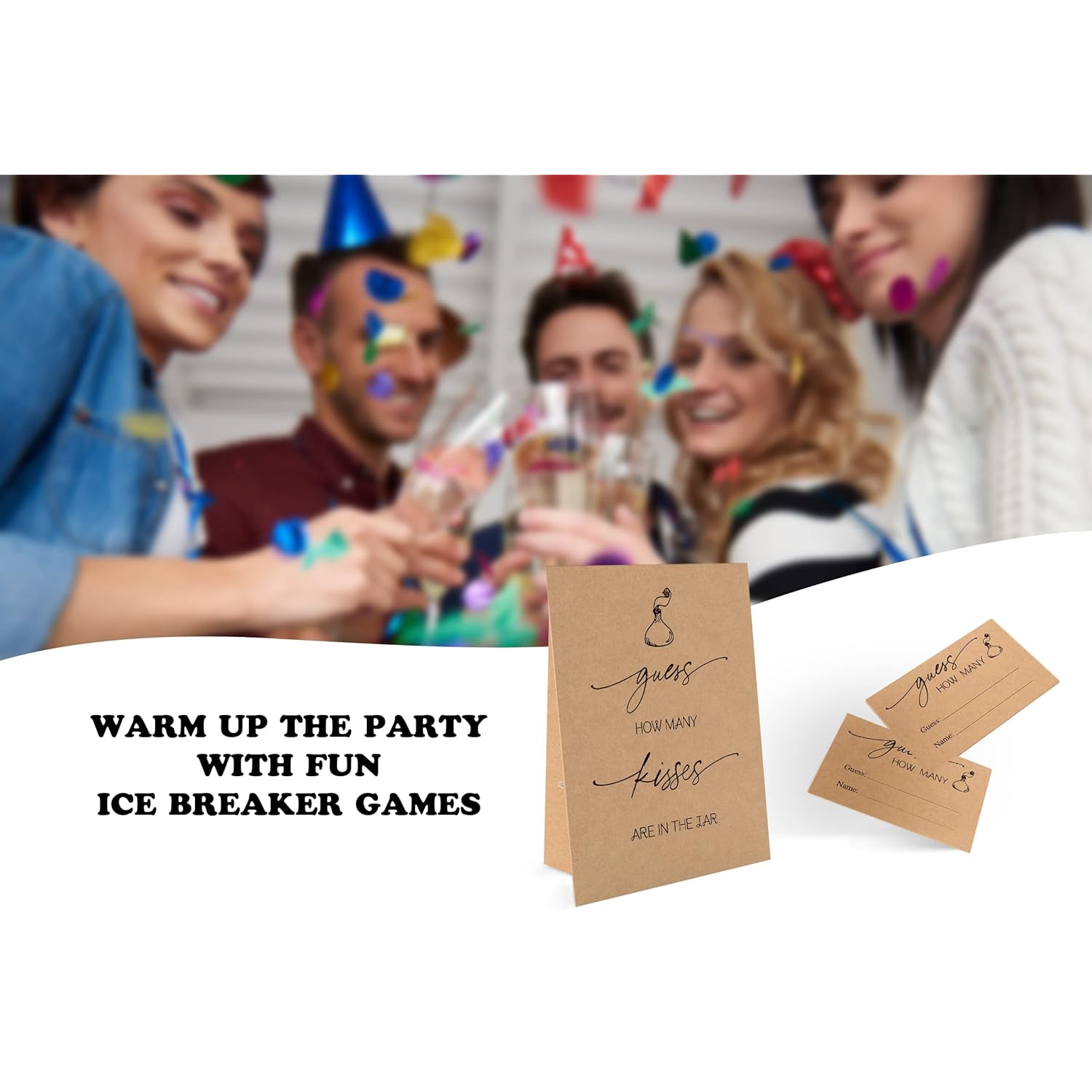 How Many Kisses Are In The Jar Game-1 Standing Sign And 50 Guessing Cards, Kraft Bridal Shower Games, Baby Shower Sign, For Boys Girls Baby Shower Favors And Weddings Party Decoration-21
