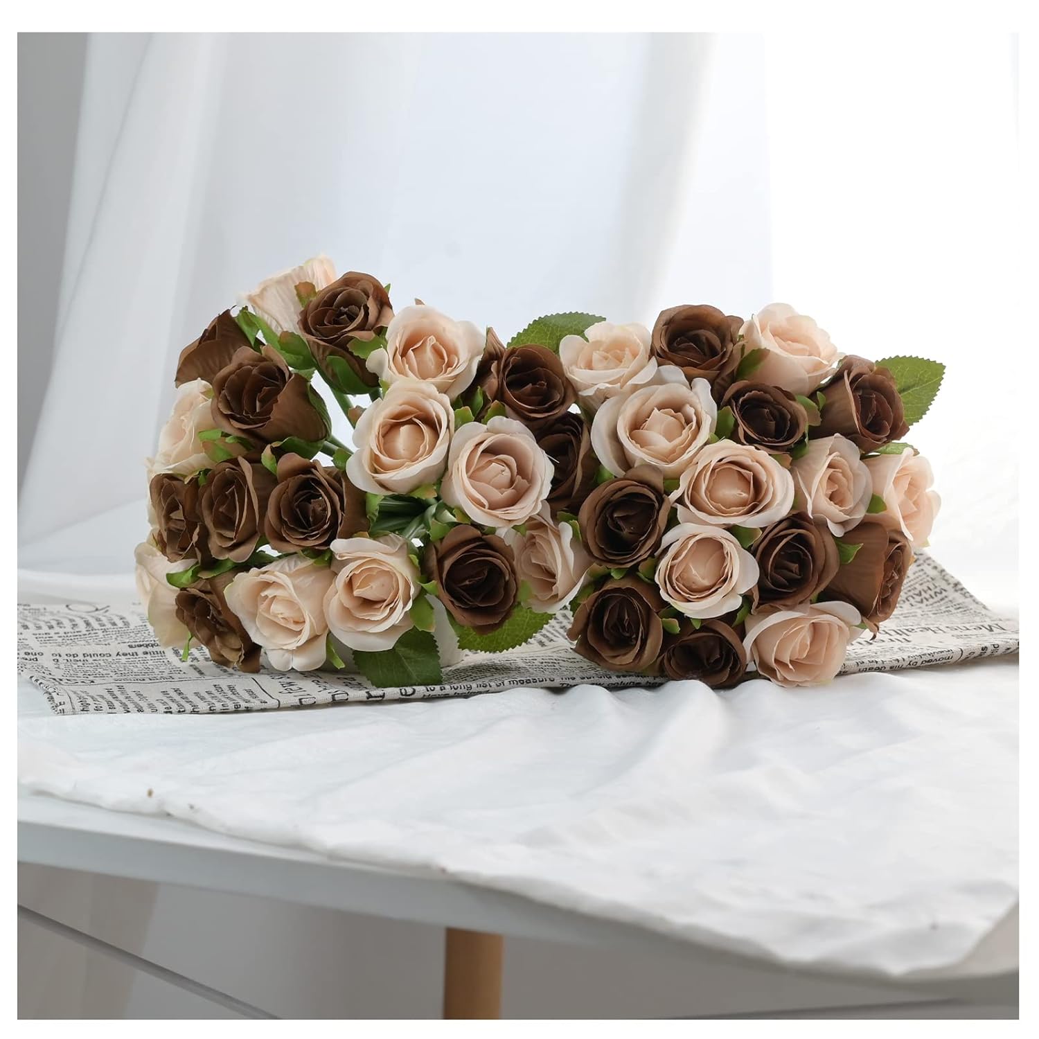 36Pcs Roses Artificial Flowers Brown&Cream, Silk Flowers With Stems Fake Flowers Bouquet For Home Decoration Bridal Wedding