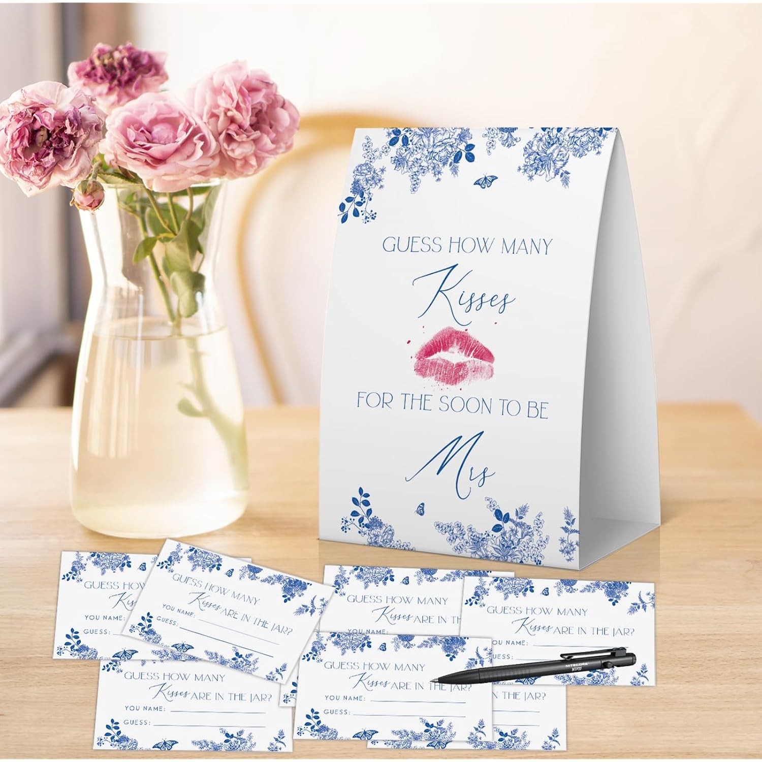 How Many Kisses Bridal Shower Game (1 Sign + 50 Cards), Blue Floral Bridal Shower Games, Something Blue Before I Do Decorations, Bachelorette Guessing Game, Kisses In The Jar Sign -Ghmk04