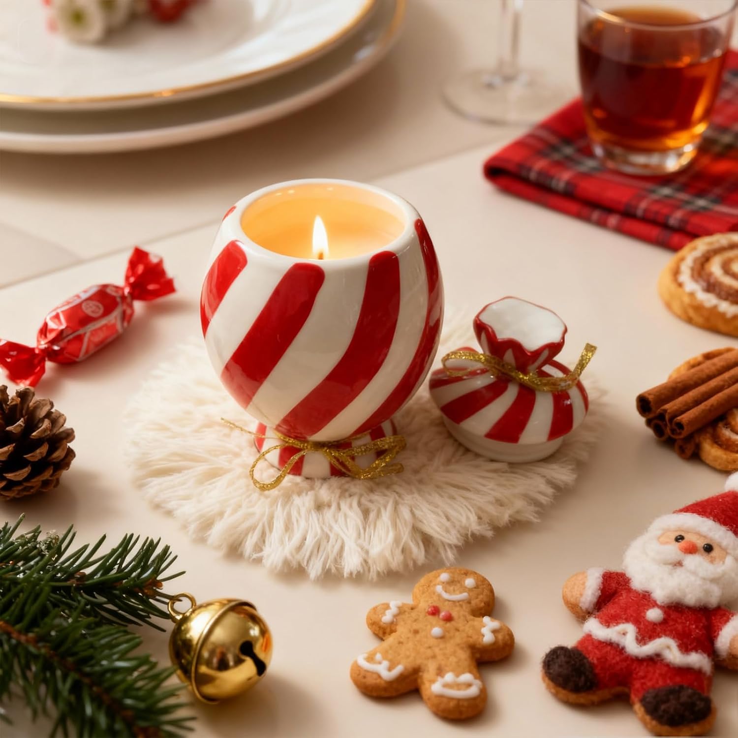 Christmas Scented Candle With Lid, Natural Candles For Home Scented, Premium Natural Candy Shaped Candles With Cotton Wick For Xmas Holiday Party Supplies (7.5 Oz)