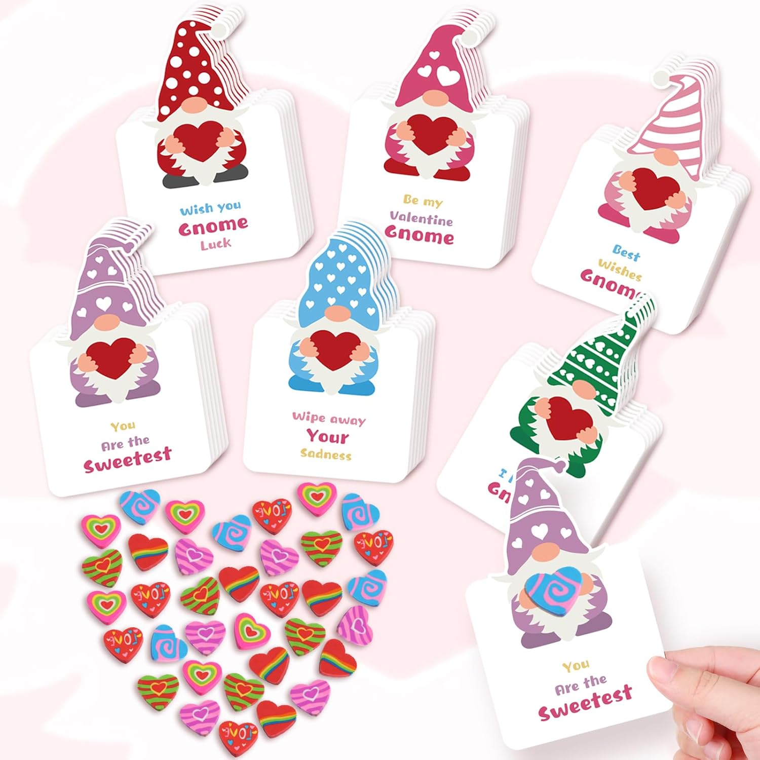 36 Valentines Day Cards - Gnomes Cards Heart Erasers With Valentine'S Day Exchange Card For Girls Boys School Classroom Greeting Gifts