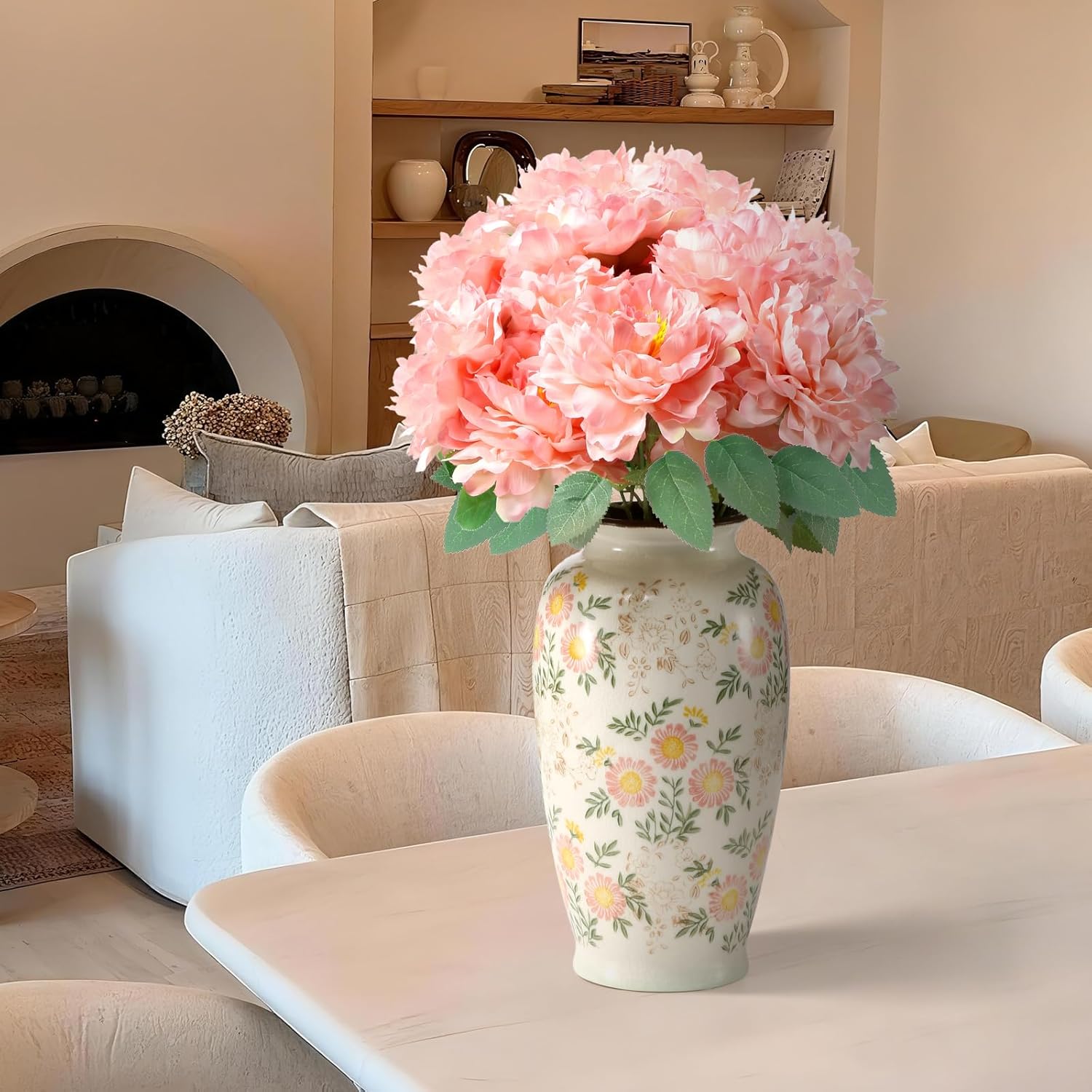 Peonies Artificial Flowers, 2 Bouquets Of 7-Heads Silk Artificial Peonies With Flexible Stems, Faux Peonies For Home & Wedding Decor, Table Centerpieces, Floral Arrangement (Coral Pink)