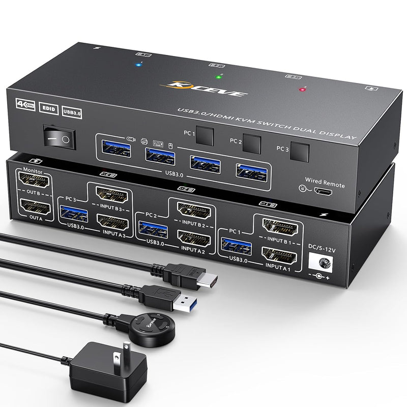 Hdmi Kvm Switch 2 Monitors 3 Computers 4K@60Hz, ,Dual Monitor Kvm Switch For 3