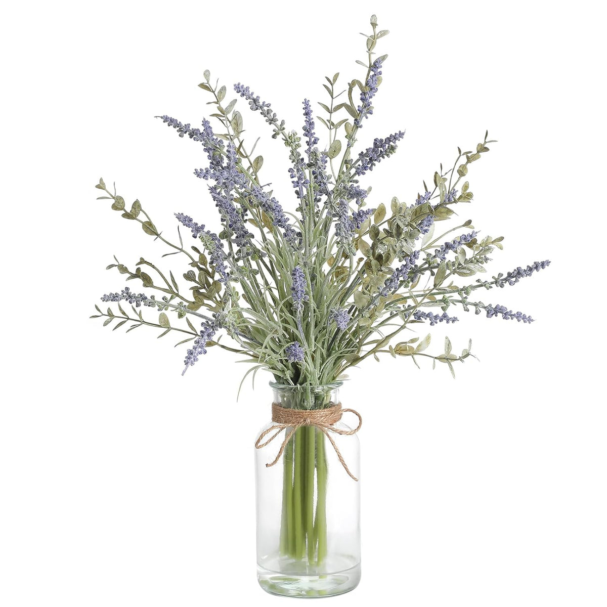 Artificial Lavender Stems In Glass Vase With Faux Water,15" Artificial Plants Eucalyptus Leaves For Shelf Desk Bathroom Farmhouse Room Coffee Table Home Decor