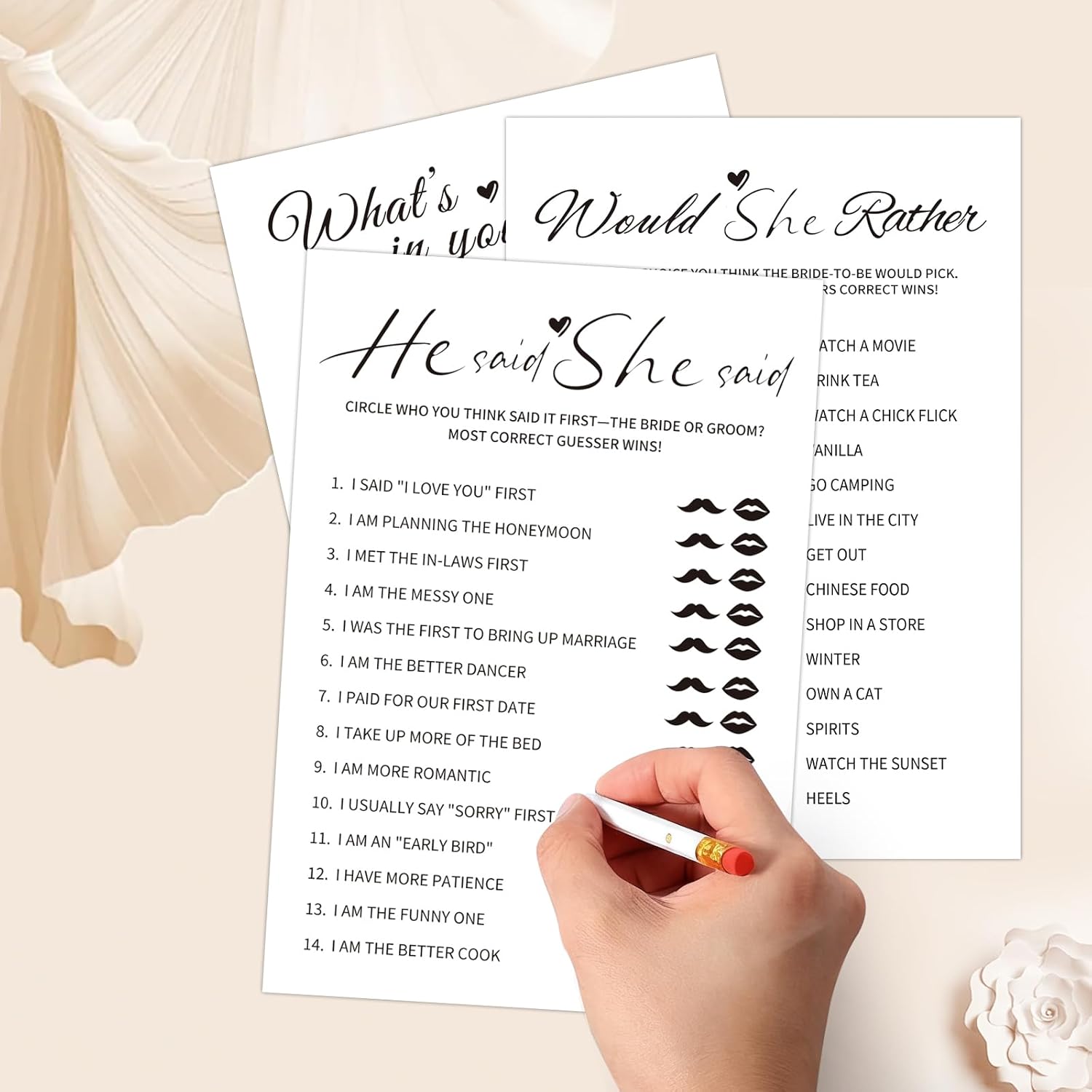 Bridal Shower Games-Heavy Cardstock,5 Fun Activities For 32 Guests, Includes Bingo,He Said She Said, Would She Rather,Whats In Your Purse,Advice And Wishes For The Mr And Mrs(Minimalist)