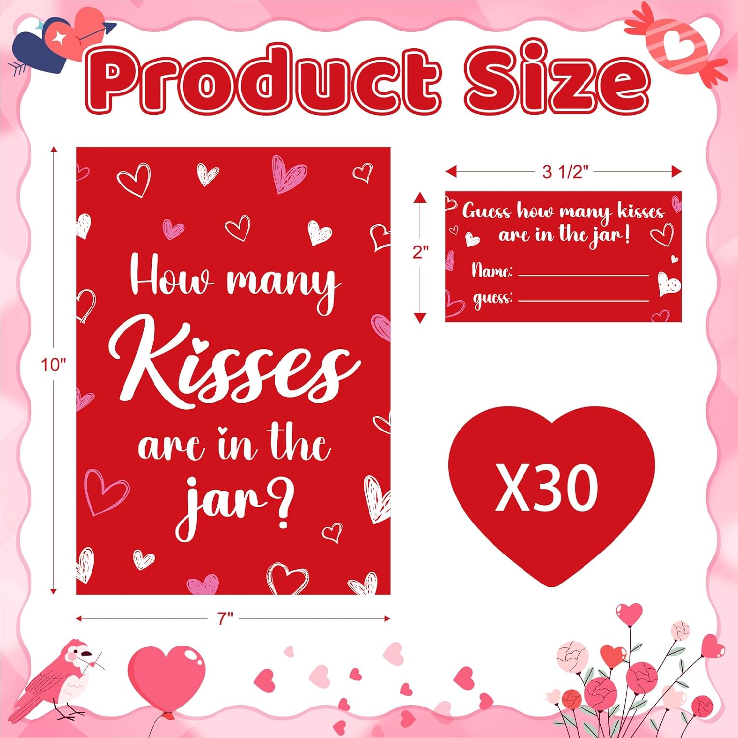 30 Players Valentines Game For Family Office Large Groups Party Adults, Valentine'S Day Guess How Many Kisses Are In The Jar Games Classroom Activities With Guess Cards (Kiss)